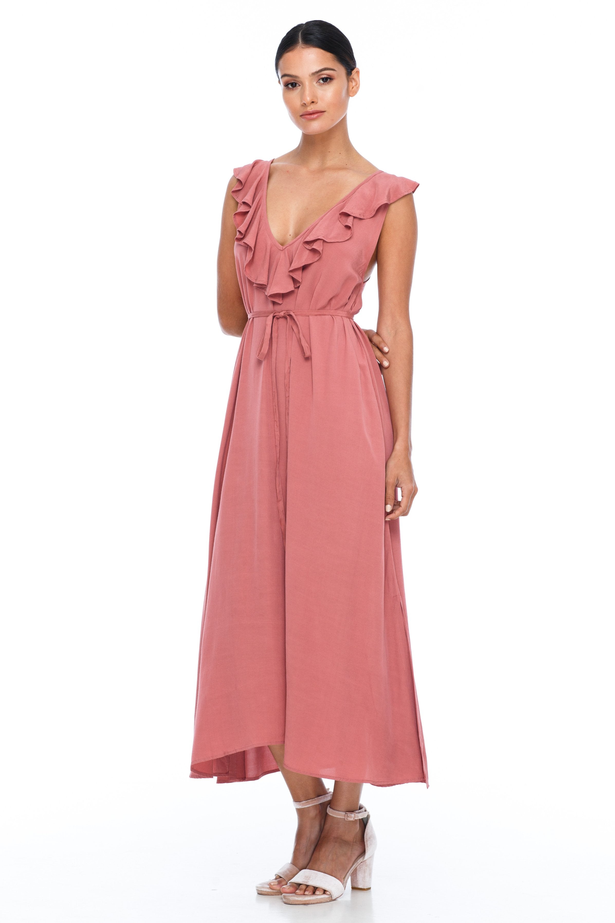 Blak Bridesmaid Dress - Featuring a low v ruffle neckline front and back for impact in your wedding photos, while keeping the style classic and sophisticated.