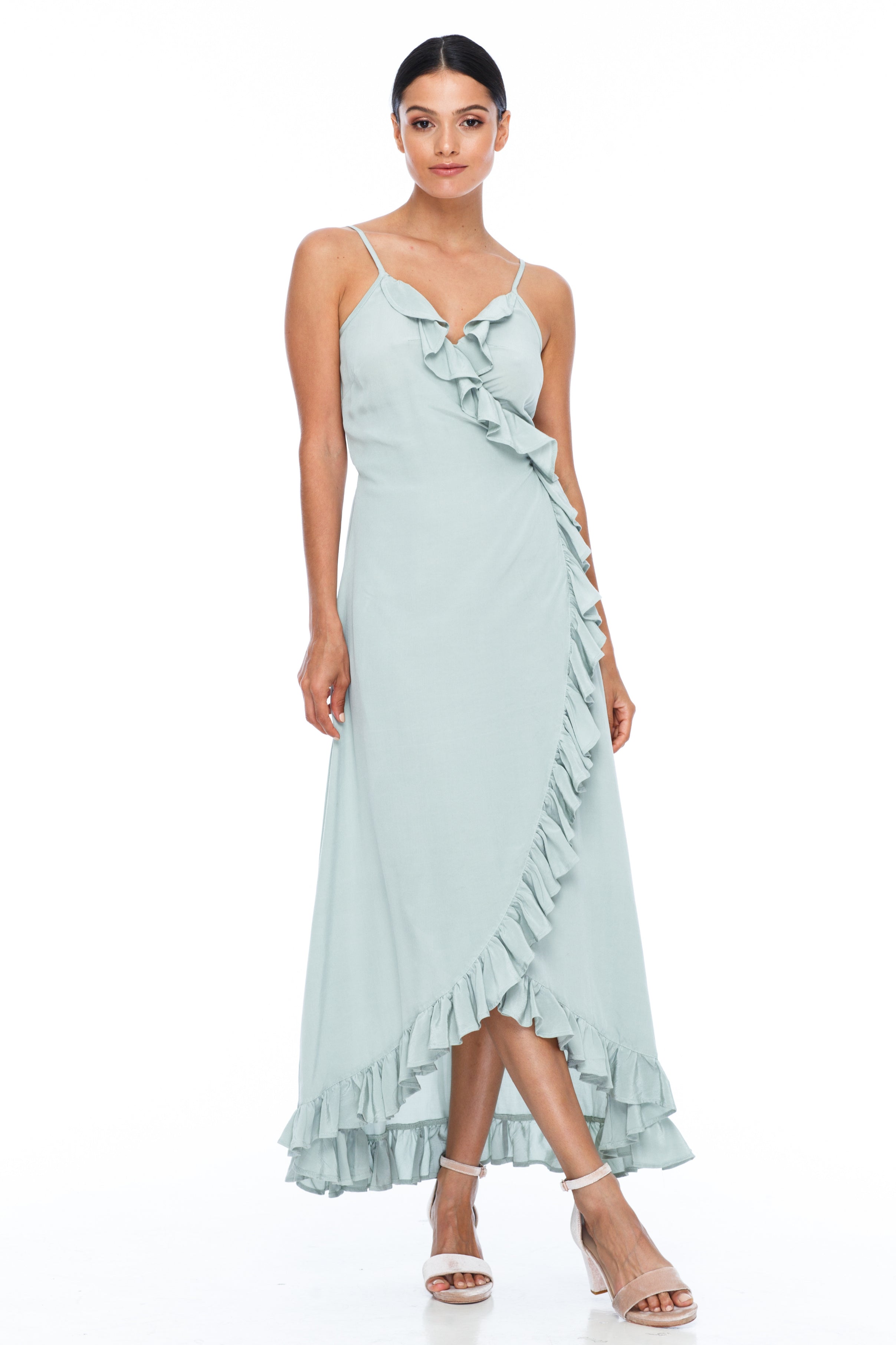 A beautiful wrap bridesmaid dress with stunning frill detailing all the way around for maximum impact in your wedding photos.