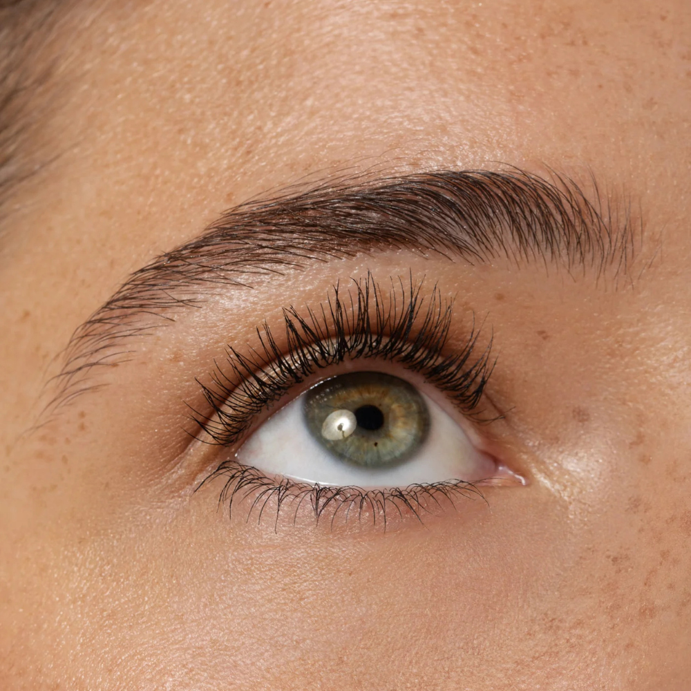 Close-up of a person's eye with detailed eyelashes and eyebrow.