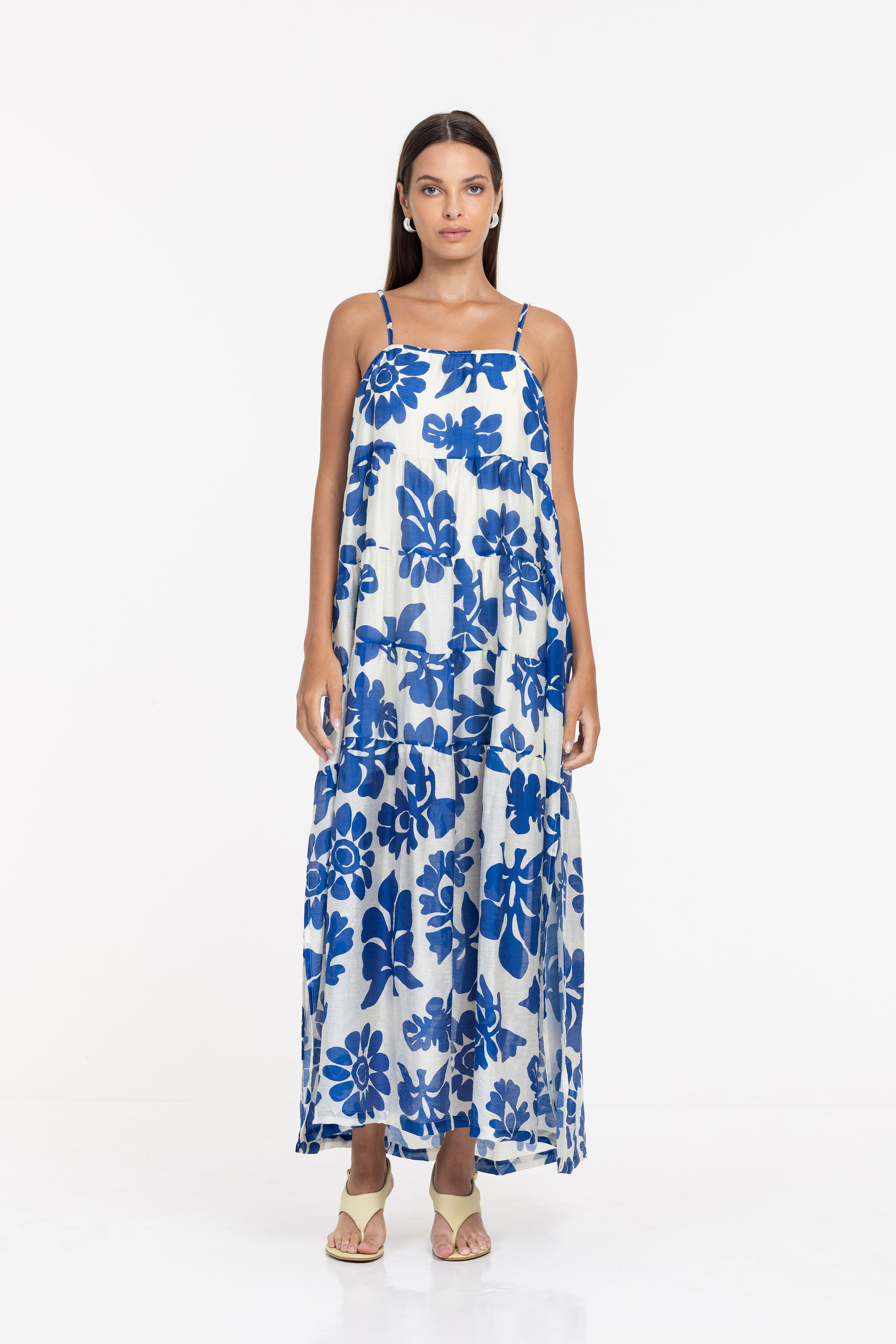 Carmen Dress - Ivory/Cobalt Blue Print