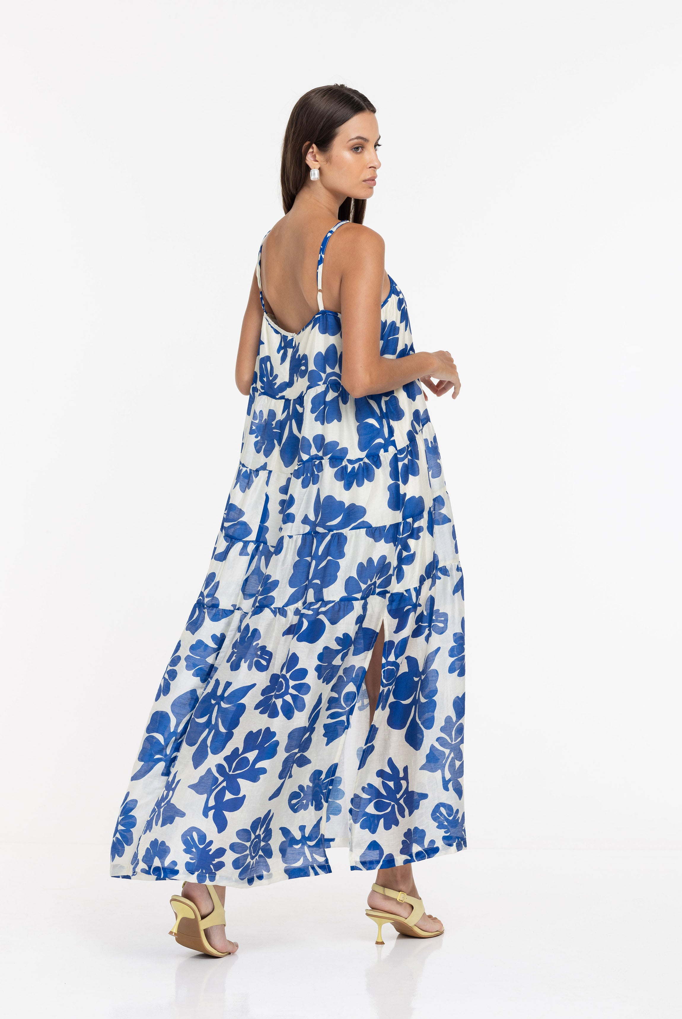 Carmen Dress - Ivory/Cobalt Blue Print