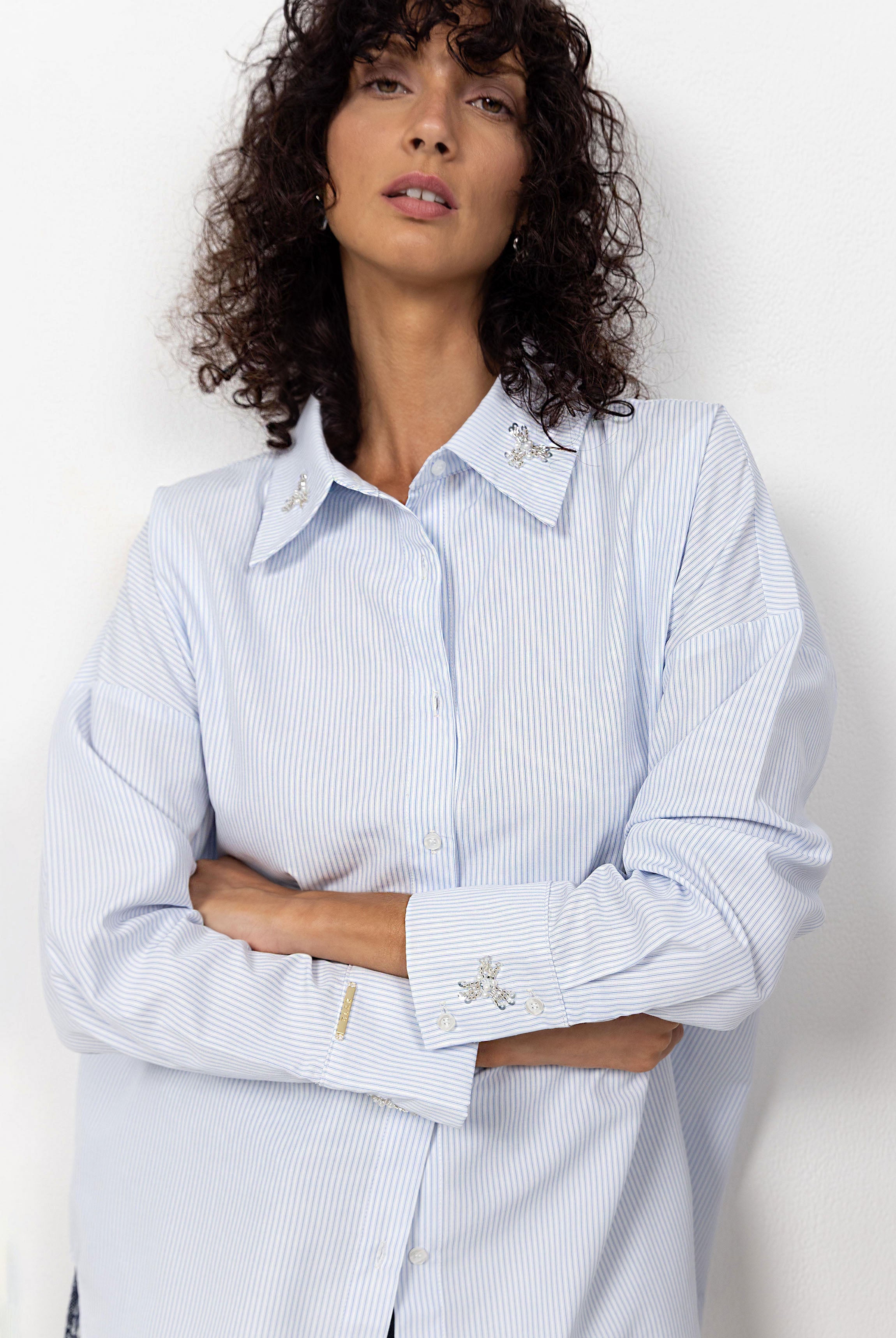 Crossed Paths Embellished Stripe Shirt | White/Blue | PRE-ORDER