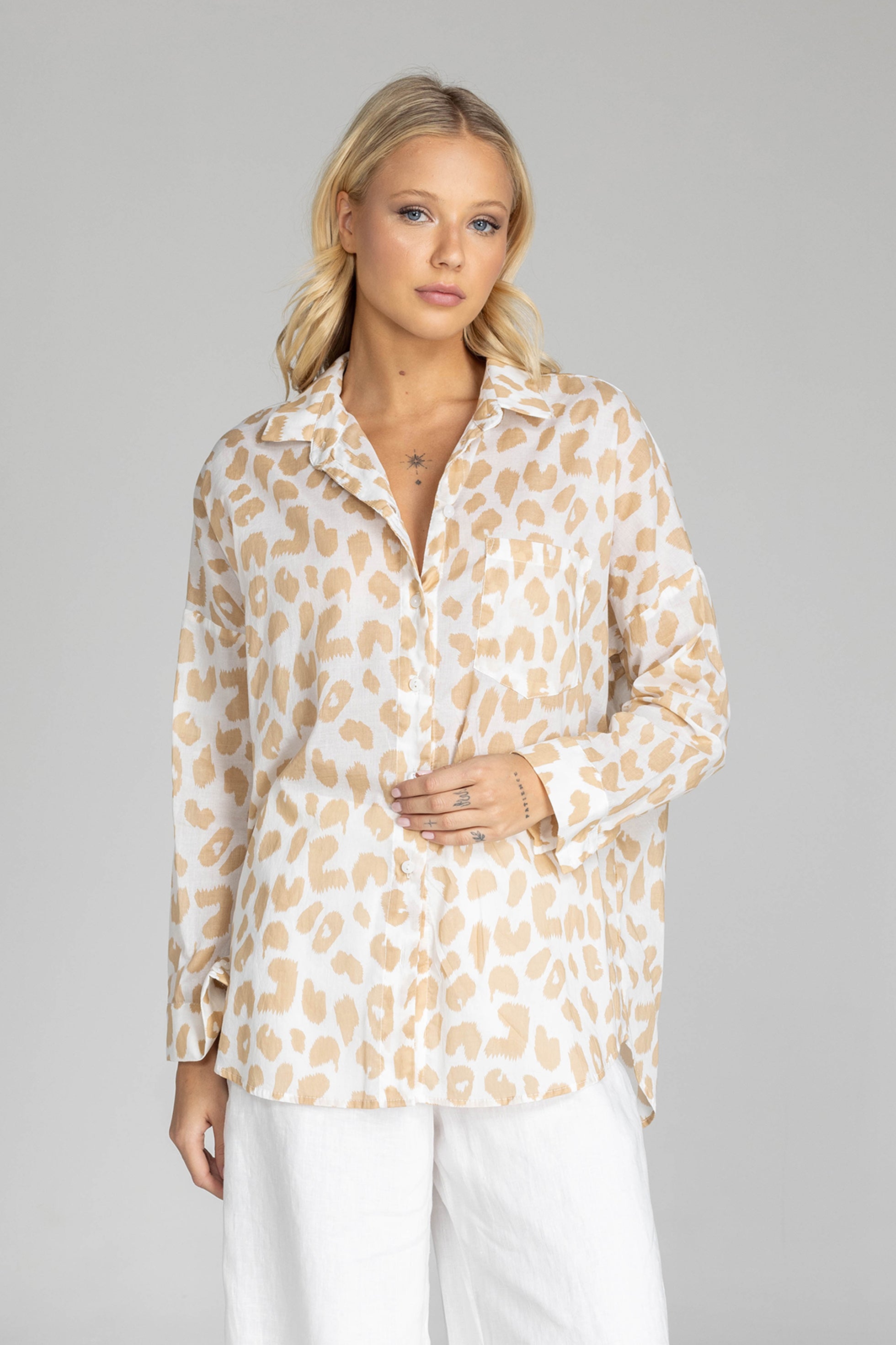 Defiant Shirt - Ivory with Camel Leopard