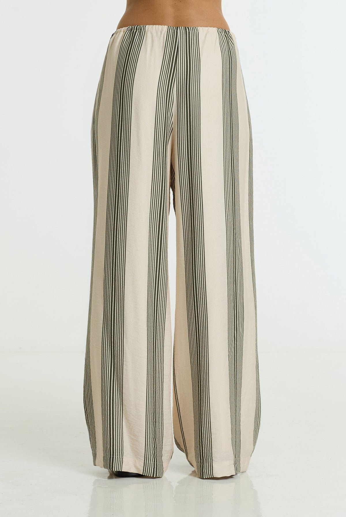 Wide-leg trousers with vertical stripes in beige, cream, and olive green, shown on a model from the back against a white studio background.