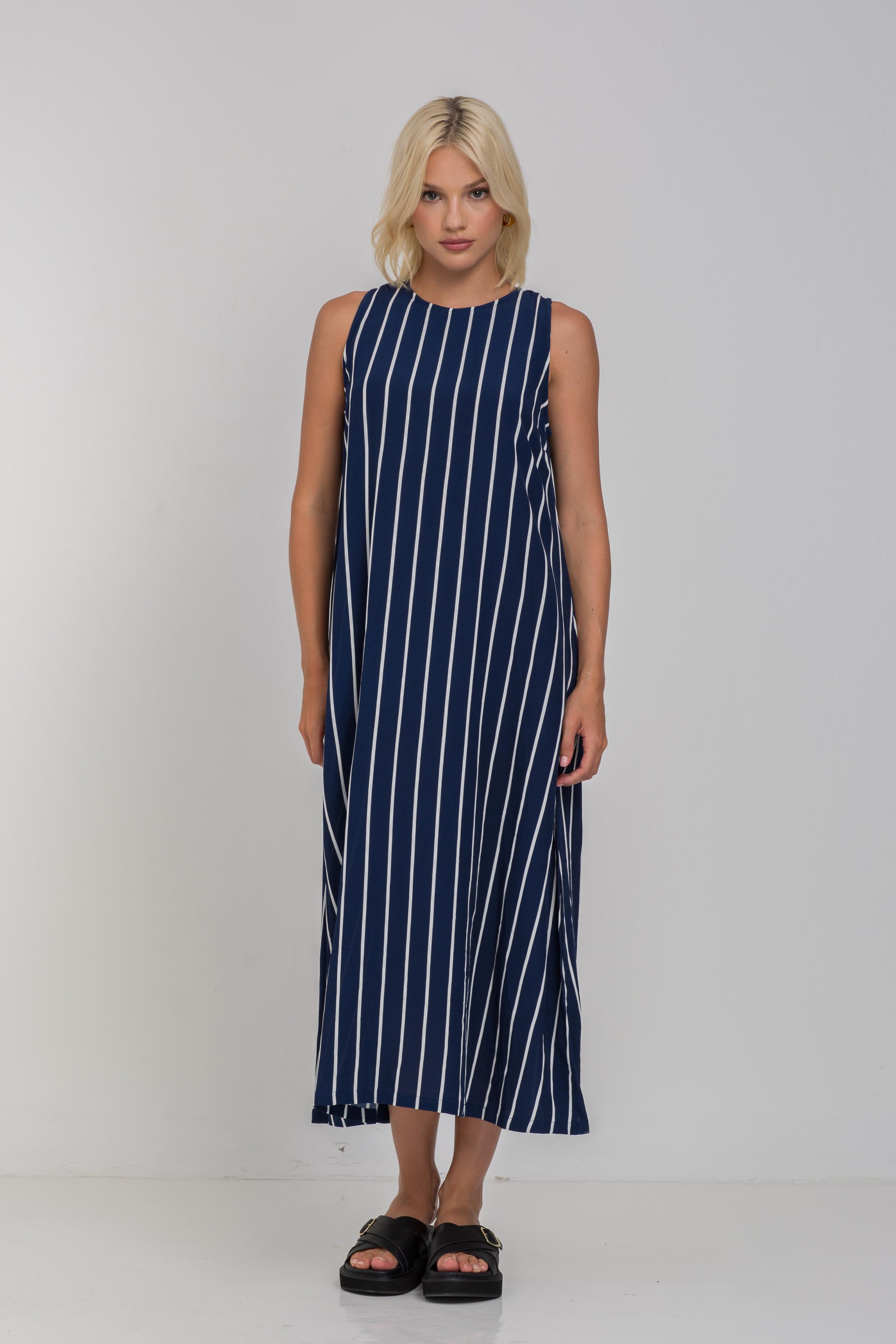Finally Here Dress - Navy with White Pinstripe