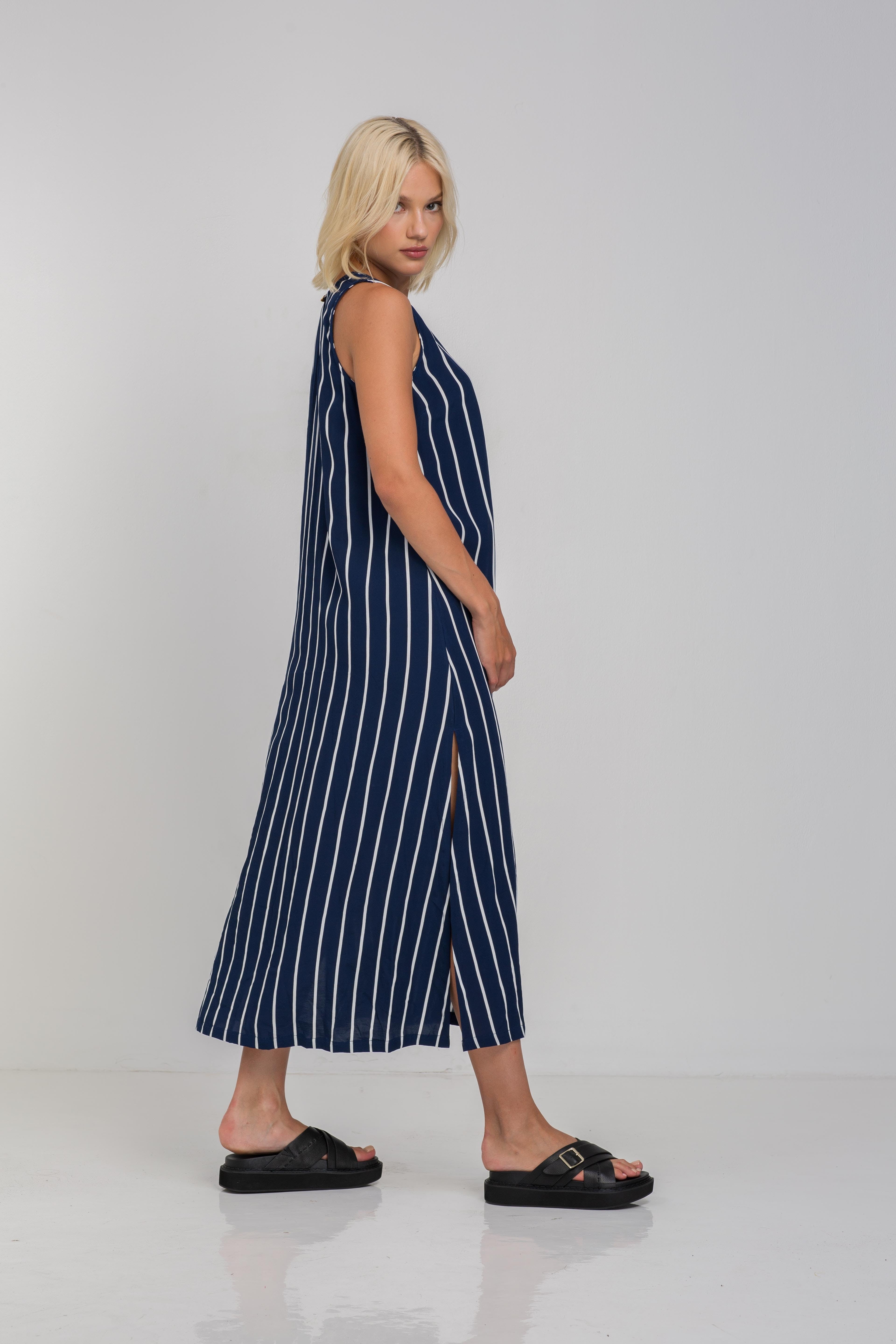 Finally Here Dress - Navy with White Pinstripe