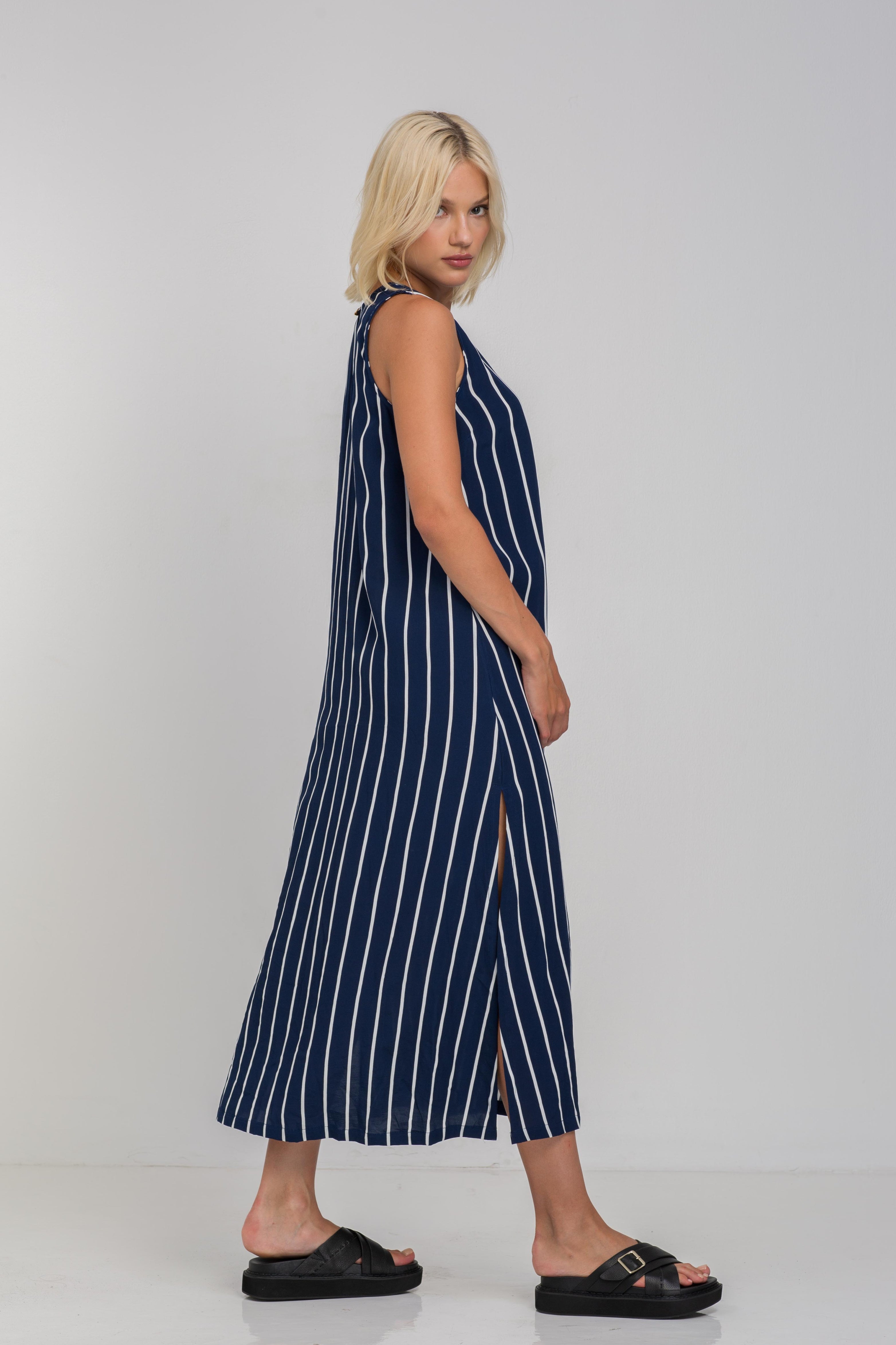 Finally Here Dress - Navy with White Pinstripe