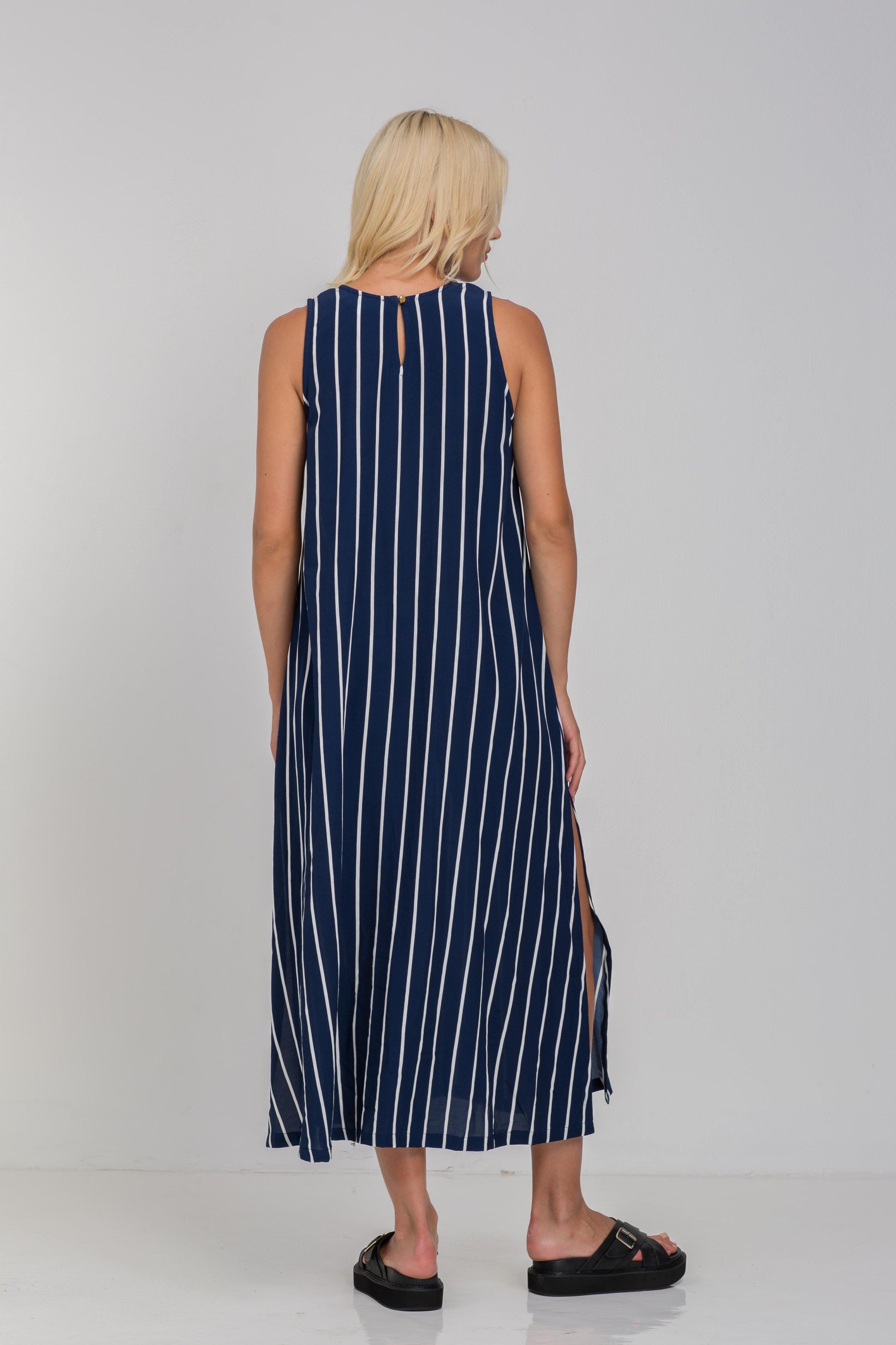 Finally Here Dress - Navy with White Pinstripe