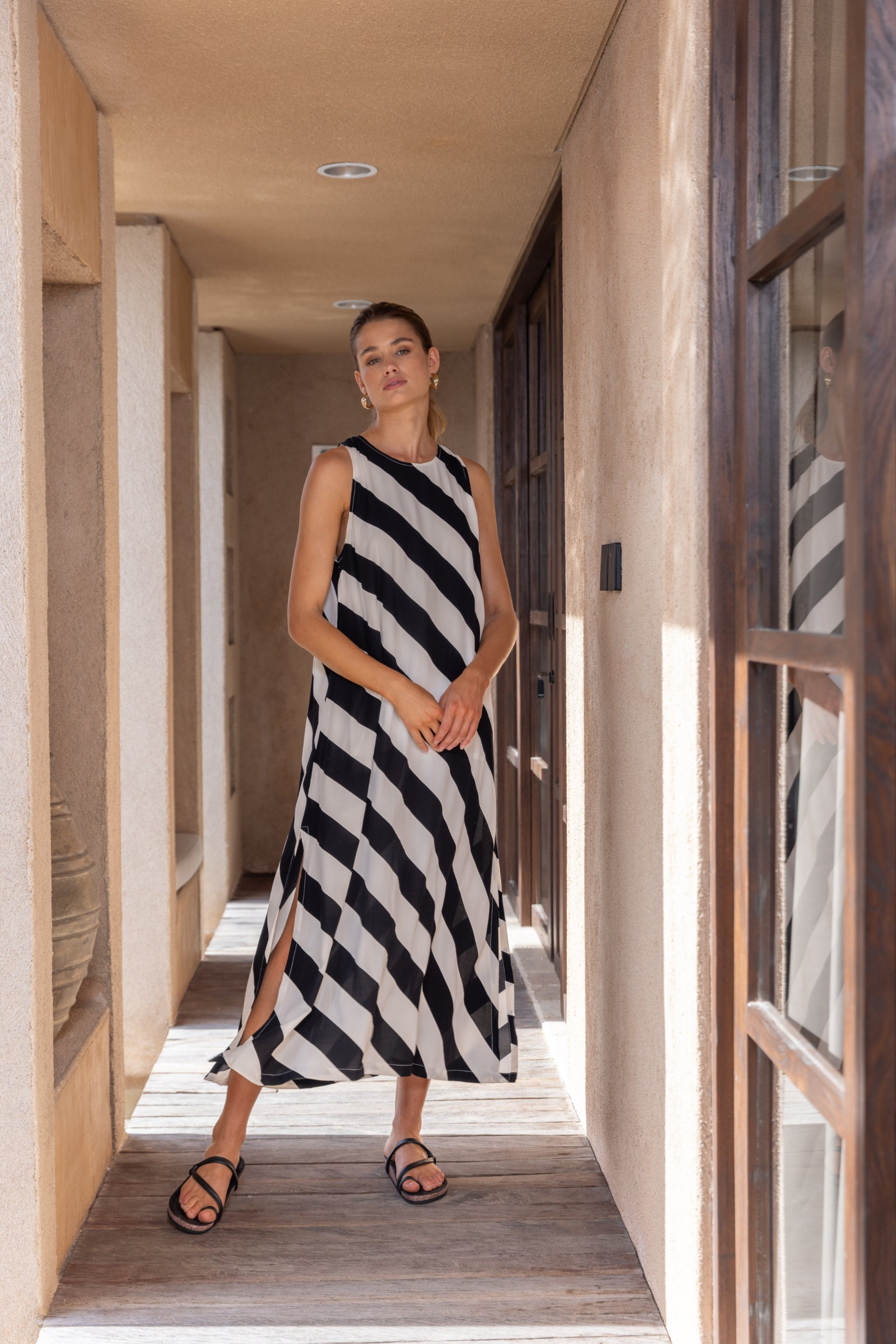 Finally Here Dress - Black/White Diagonal Stripe