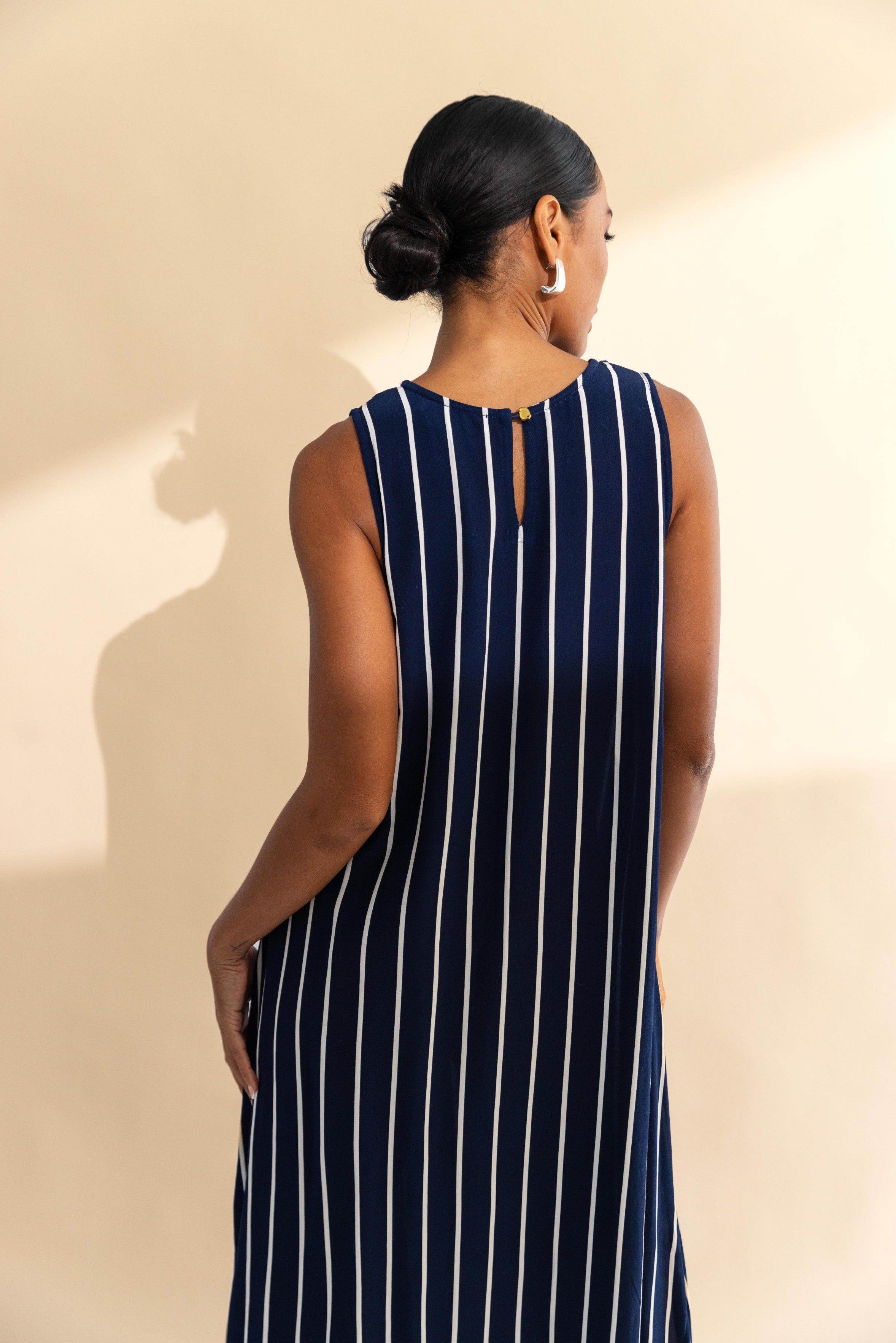 Finally Here Dress - Navy with White Pinstripe