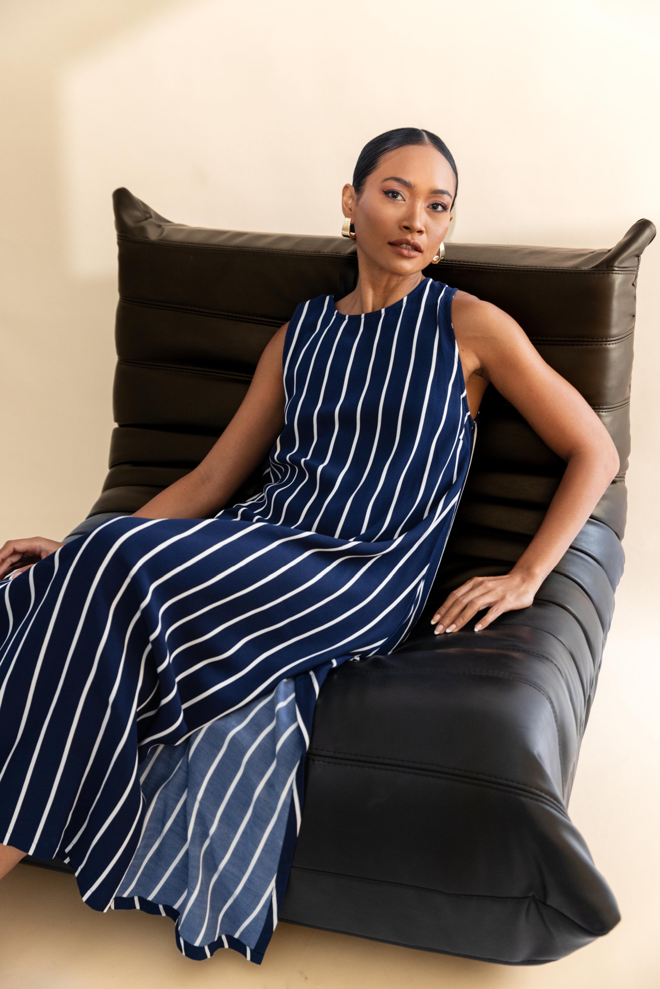 Finally Here Dress - Navy with White Pinstripe