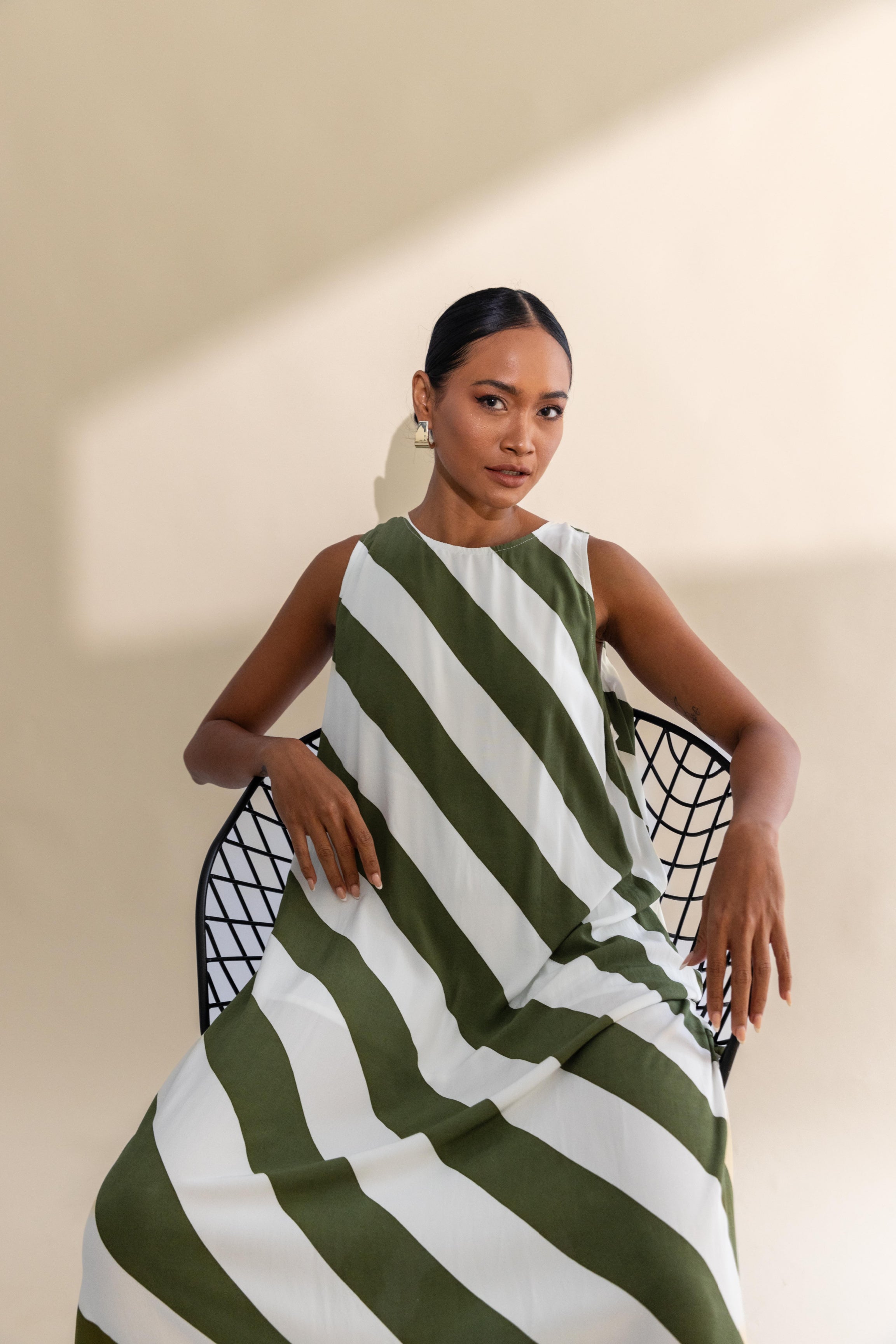 Finally Here Dress - Dried Mint/Ivory Diagonal Stripe