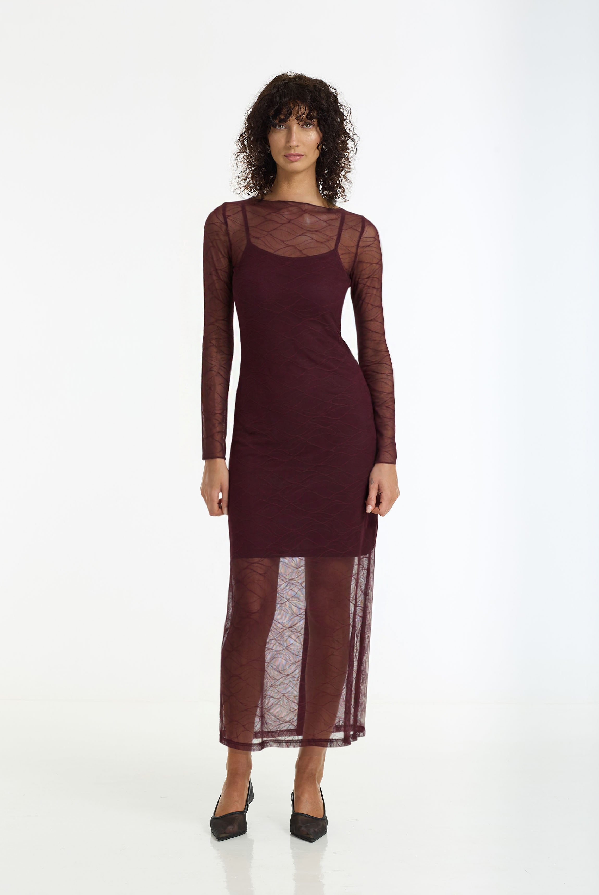 Gigi Long Sleeve Maxi Dress | Sheer Burgundy Veil | PRE-ORDER