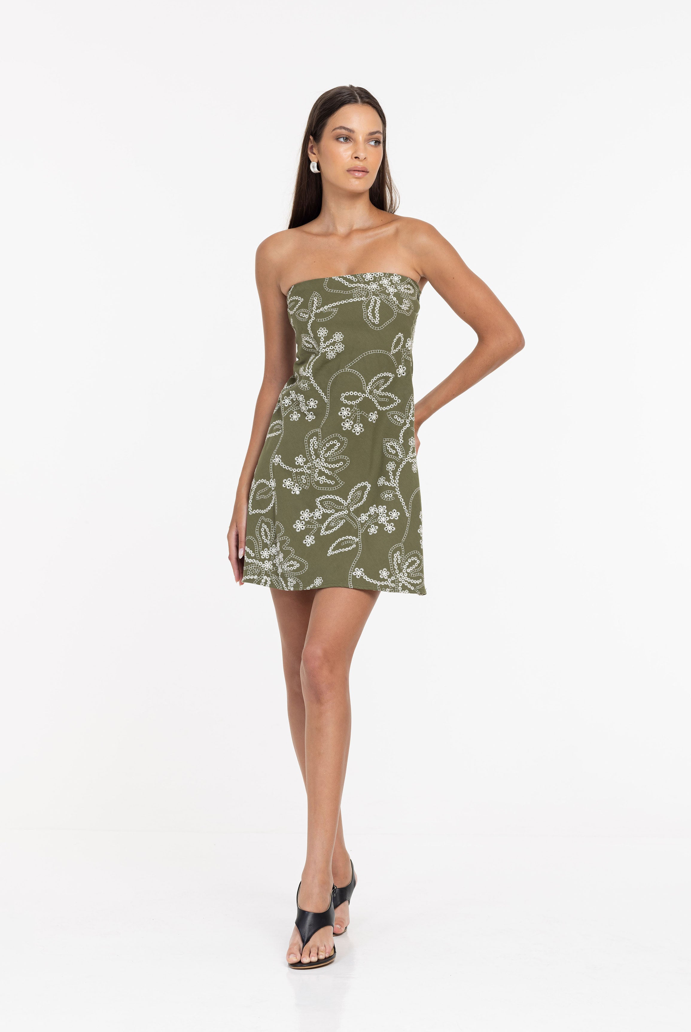 Hailey Mini Dress - Khaki with White Embroidery