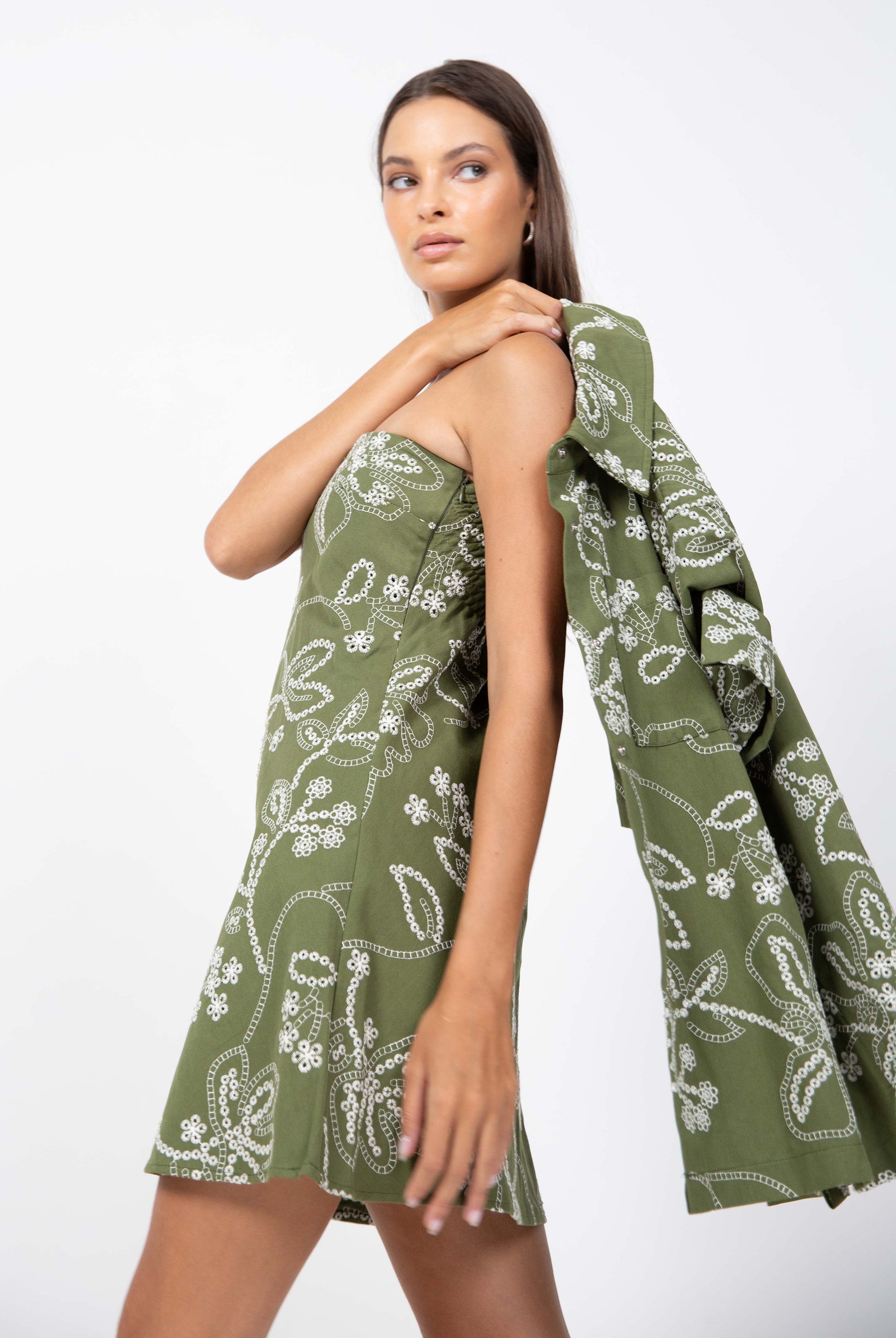 Hailey Mini Dress - Khaki with White Embroidery