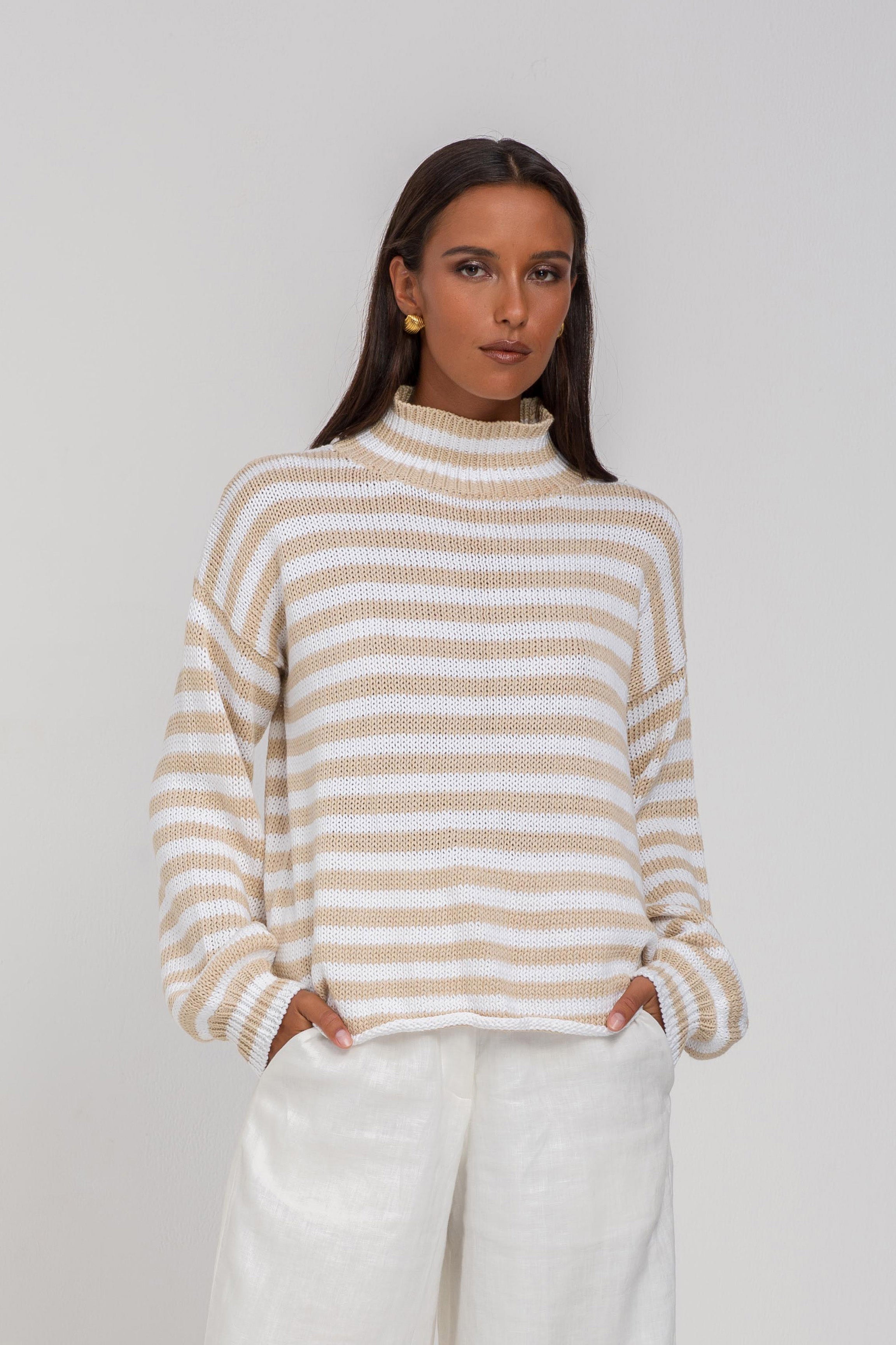 Hold Me Back Jumper - Camel/White Stripe