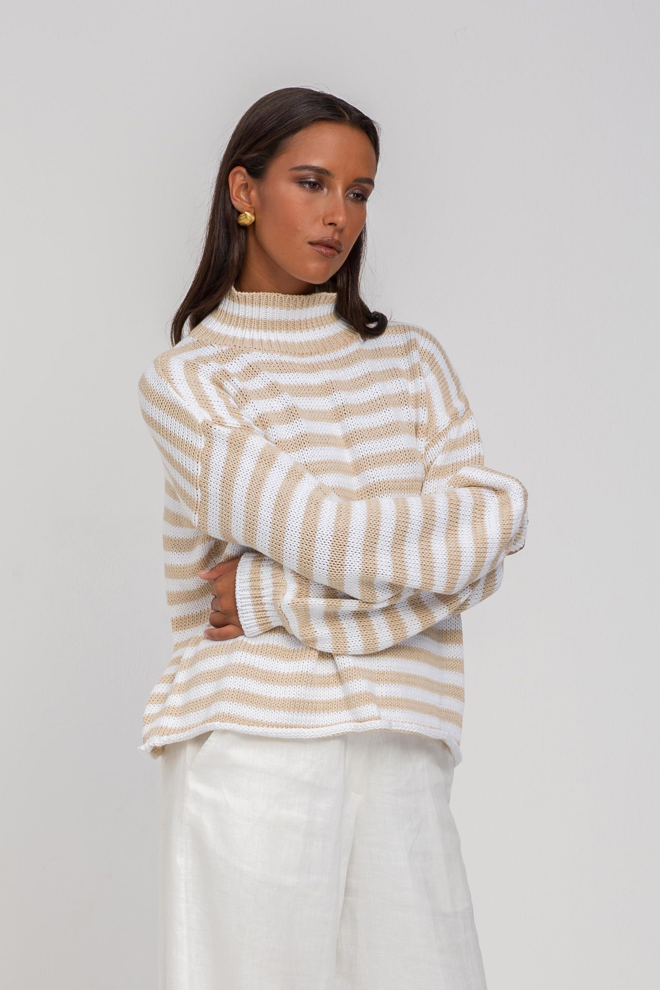 Hold Me Back Jumper - Camel/White Stripe