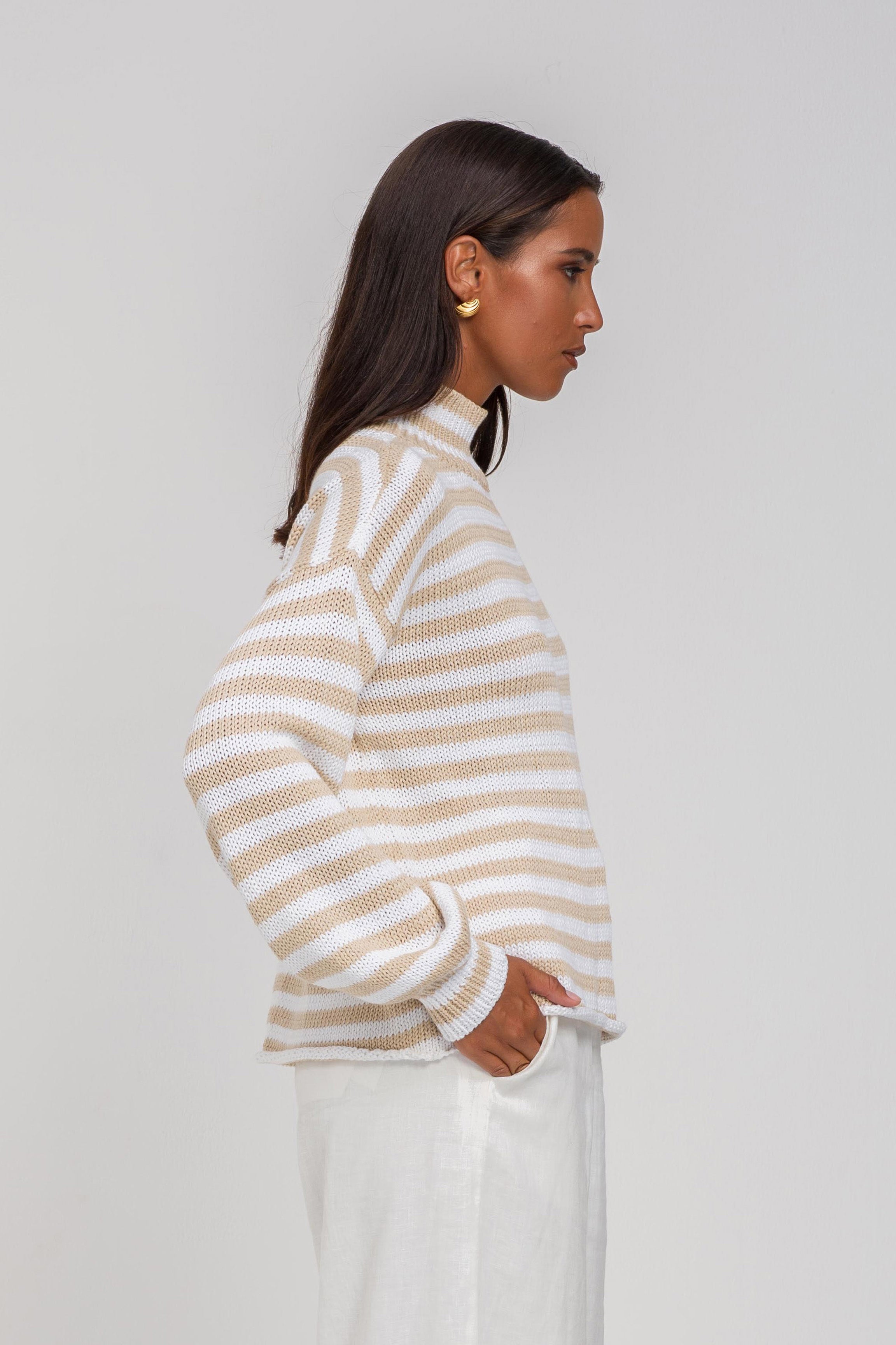 Hold Me Back Jumper - Camel/White Stripe
