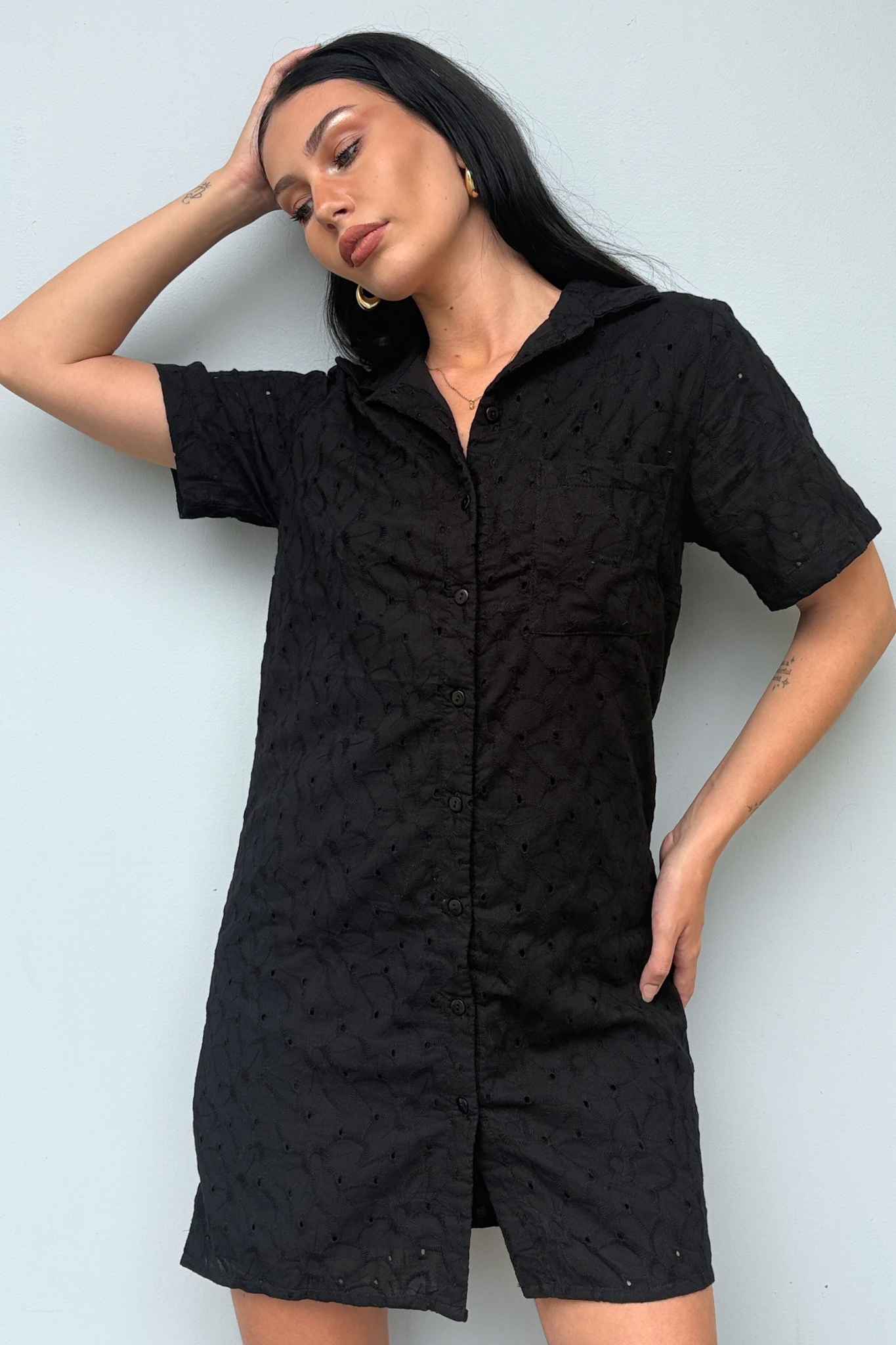 In Between The Lines Shirt Dress - Black