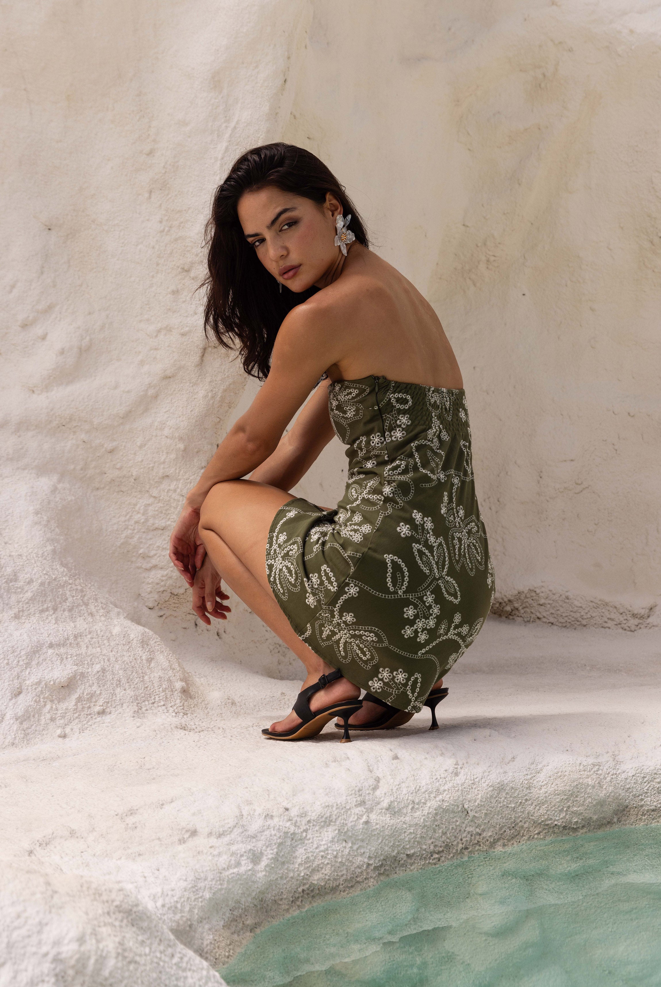 Hailey Mini Dress - Khaki with White Embroidery