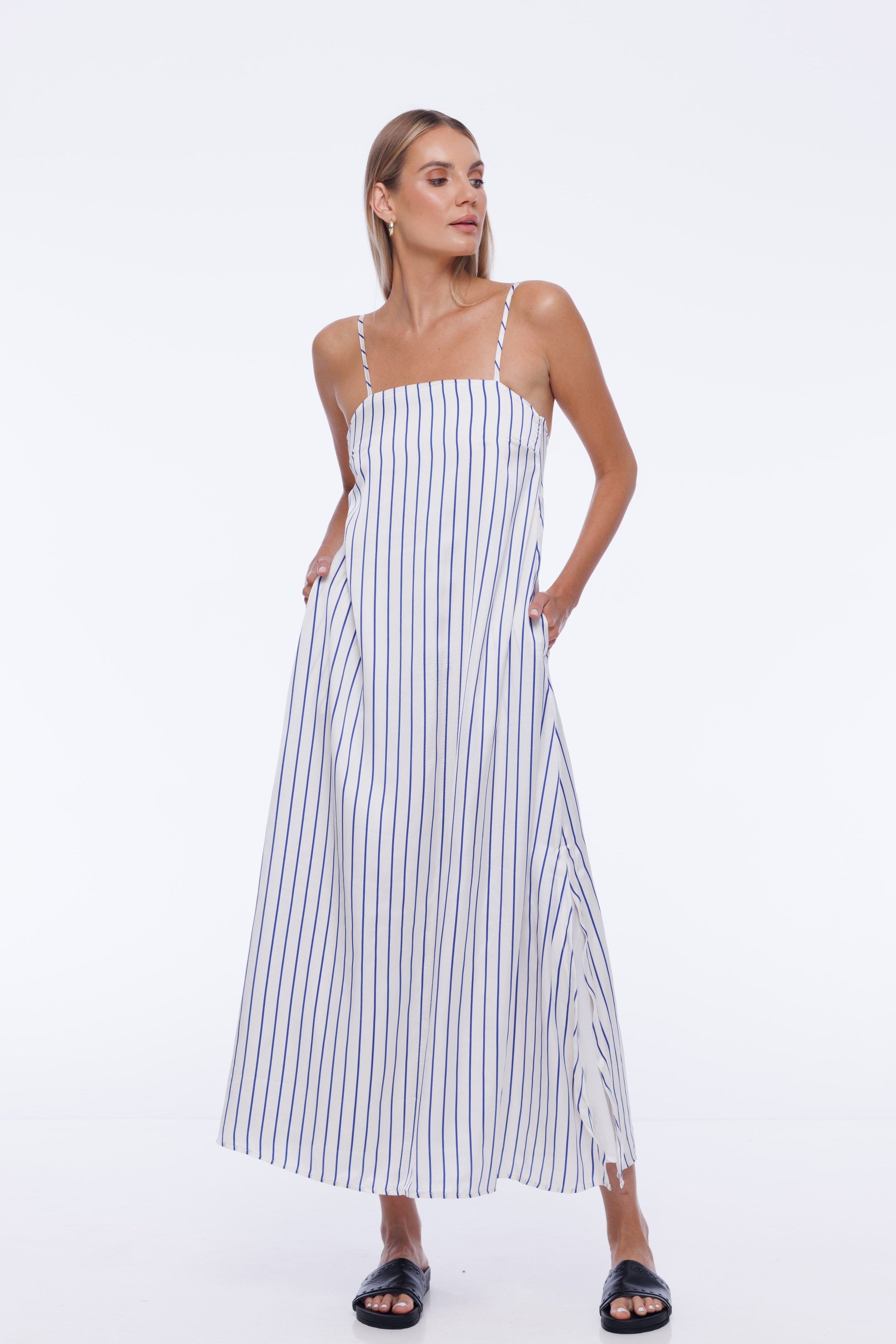 W24/50664 Low Key Dress - Ivory with Blue Stripe