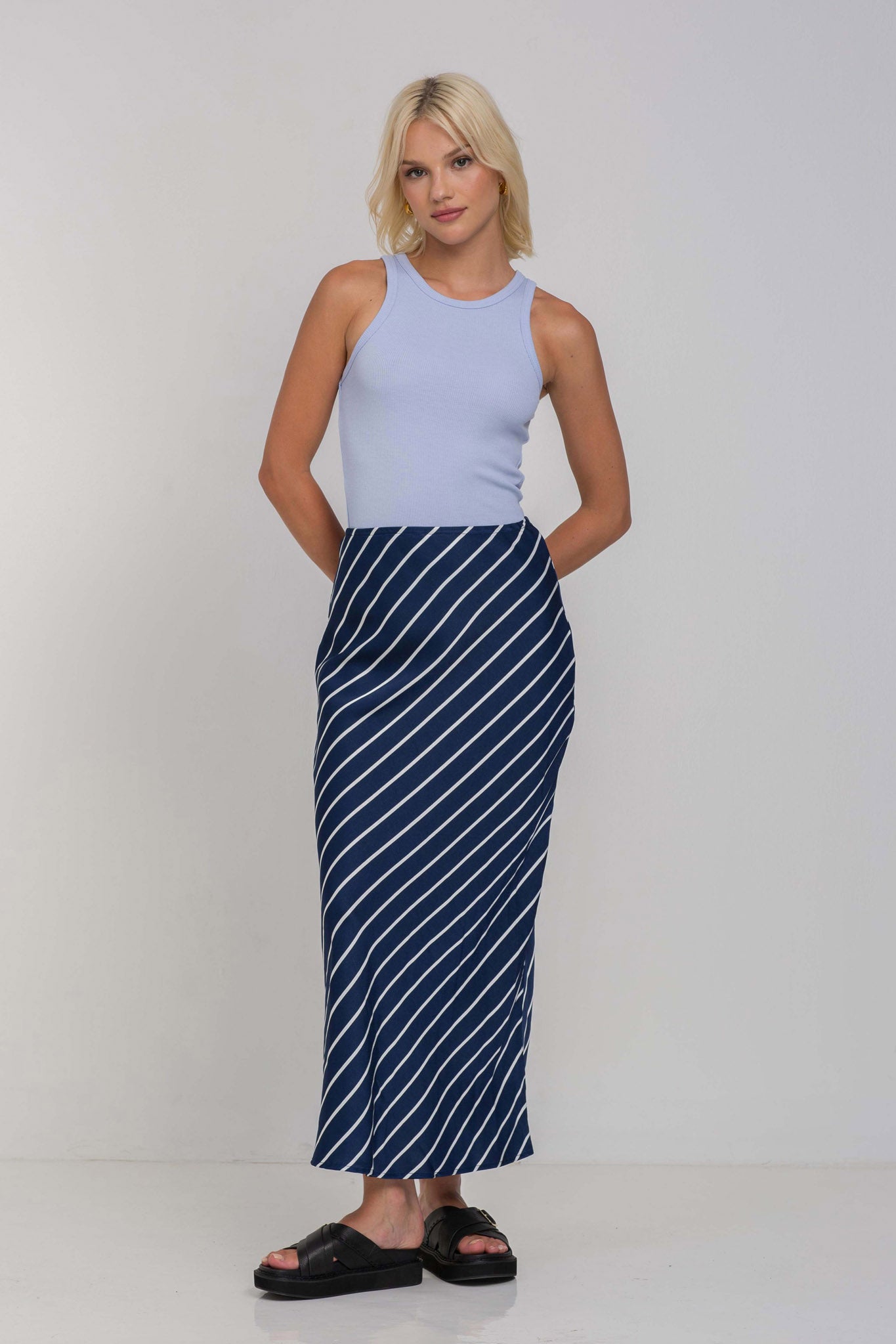Saturday Skirt - Navy with White Diagonal Pinstripe