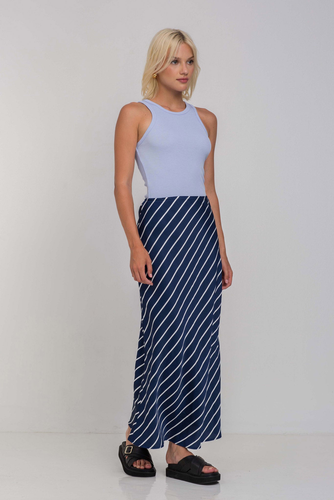 Saturday Skirt - Navy with White Diagonal Pinstripe