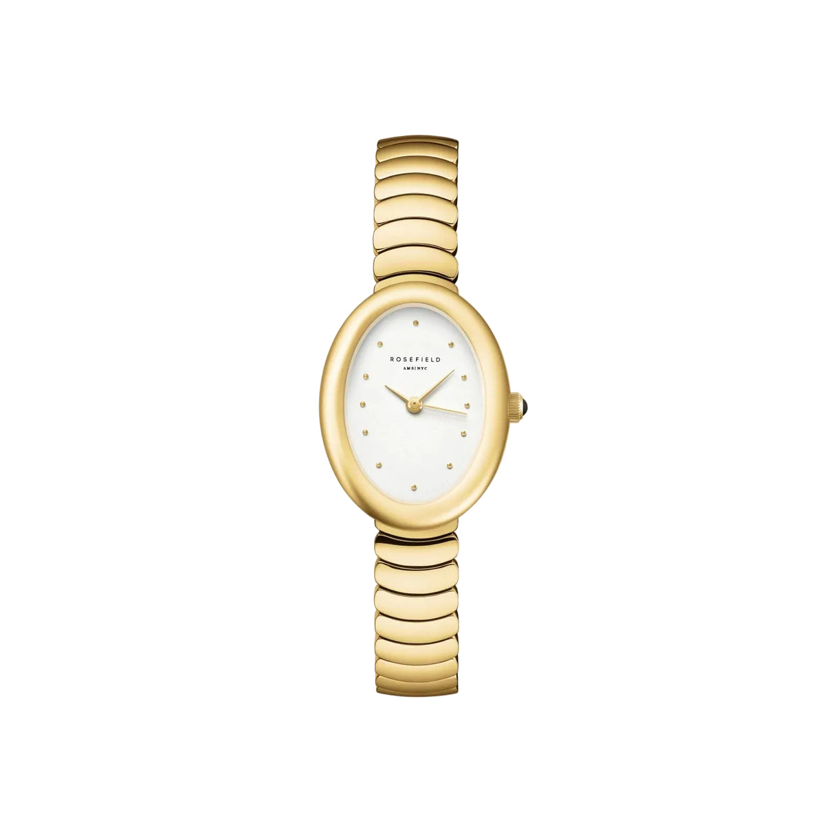 Gold watch with a white face on a light gray background