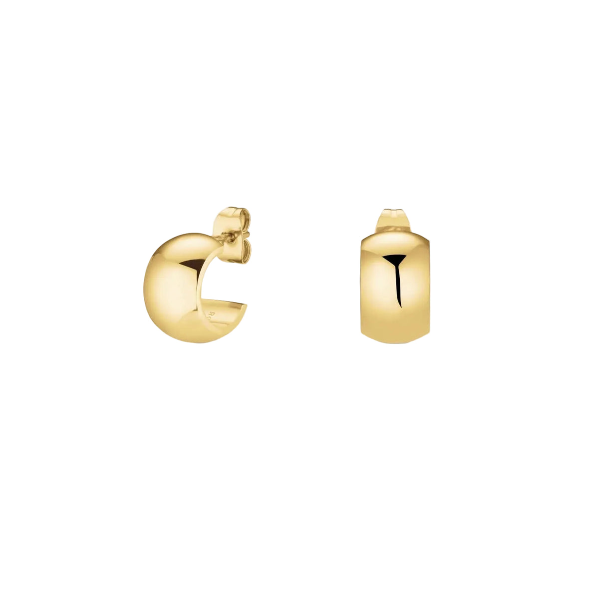 A pair of polished yellow gold huggie hoop earrings, one shown from a side profile and the other from a front-facing angle, displayed on a clean off-white background.