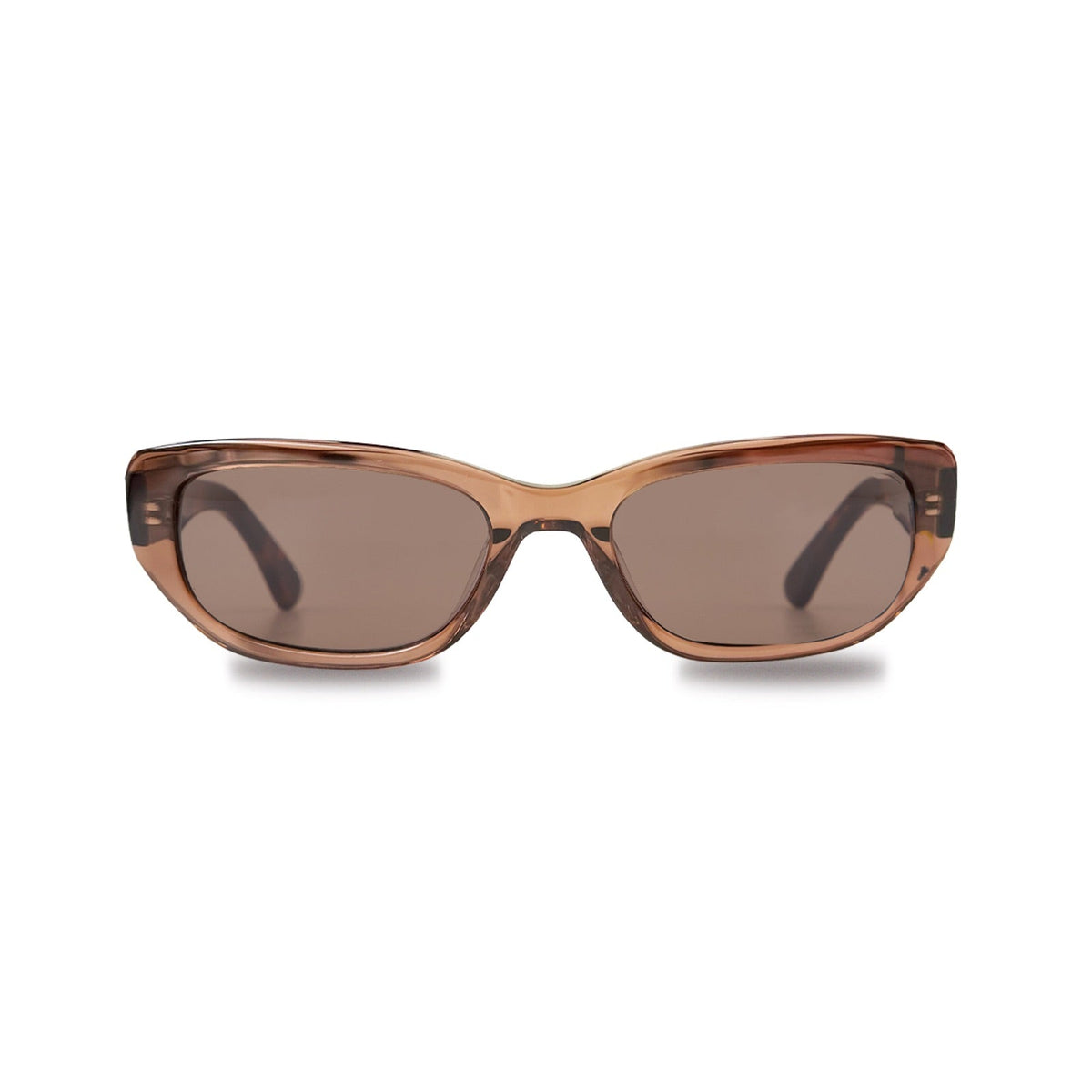 A pair of cat-eye sunglasses with a translucent brown acetate frame and matching brown tinted lenses, shown against a plain white background.