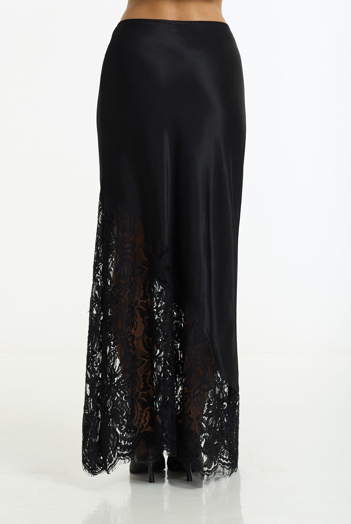 Softly Spoken Satin Lace Maxi Skirt | Black | PRE-ORDER