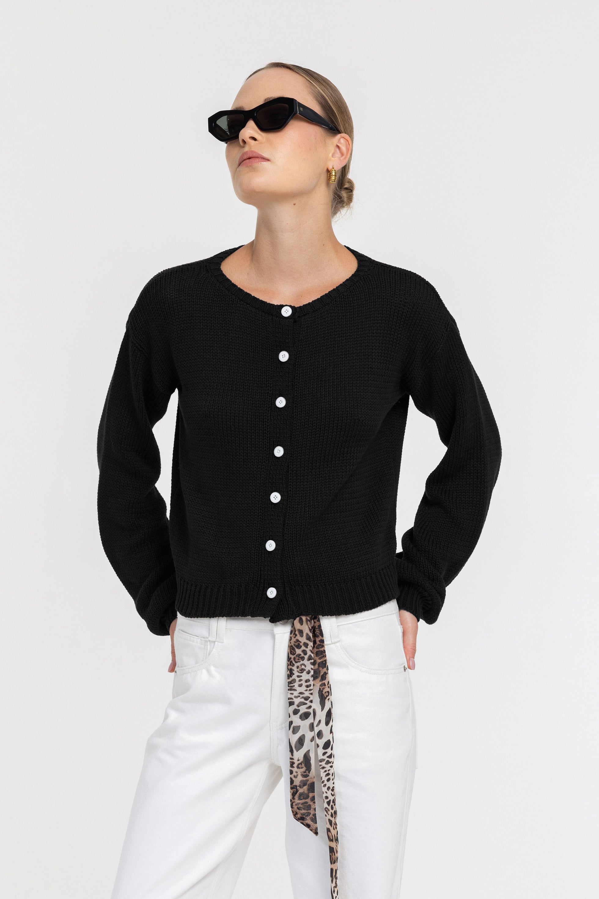 Teddy Cardi - Black with White Buttons