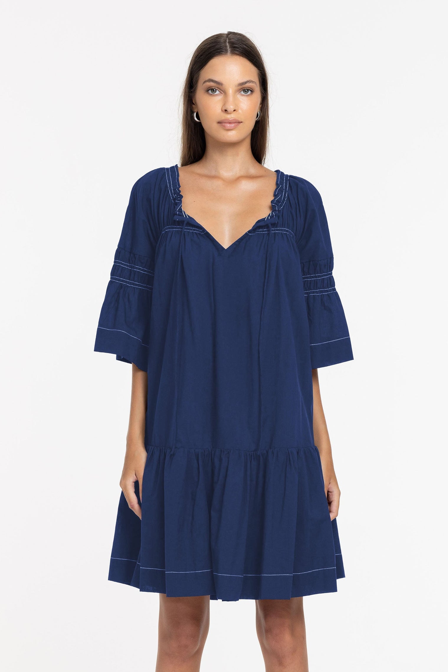 Thea Mini Dress - Night Sky w White Topstitching