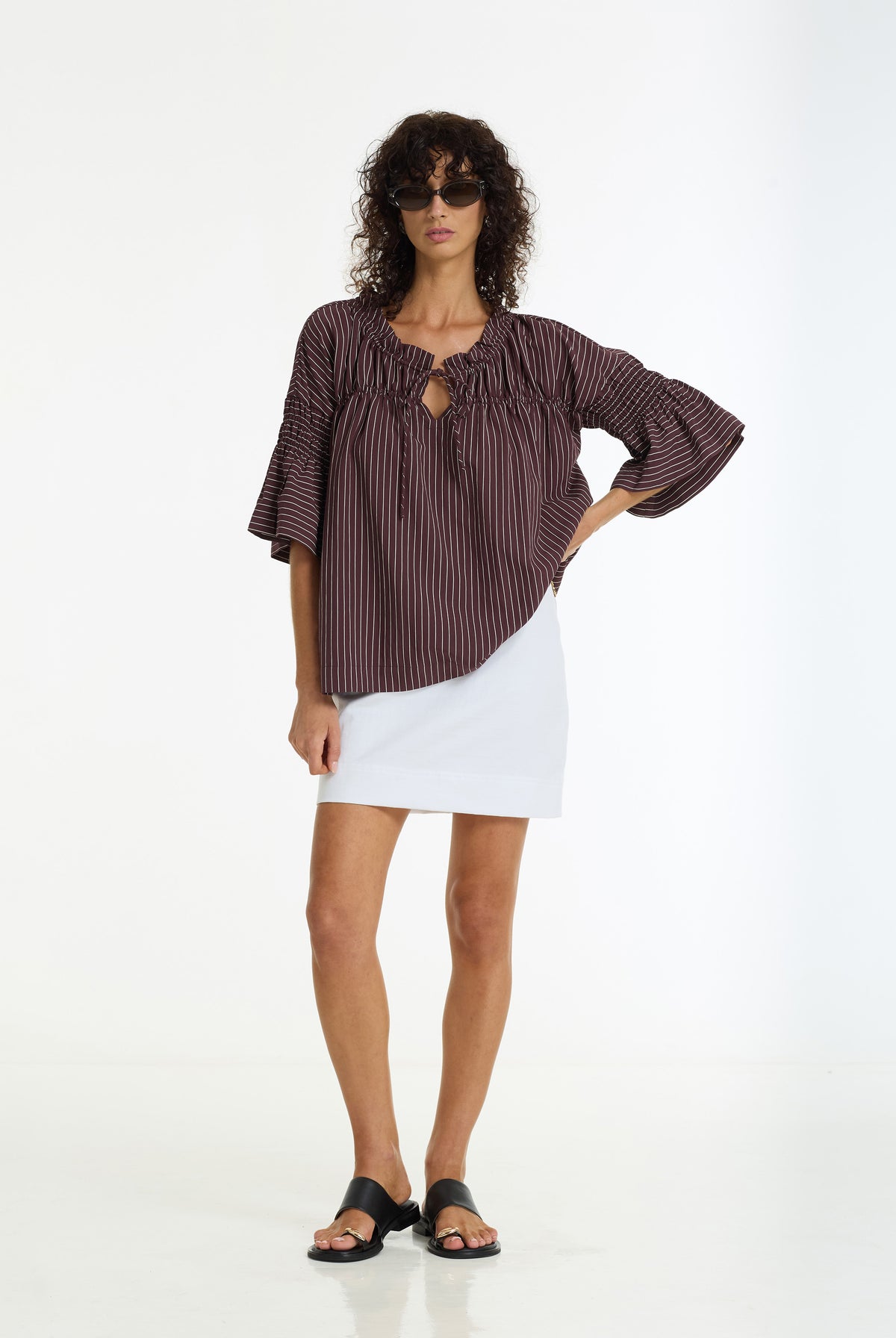 Thea Shirred Pinstripe Top | Wine