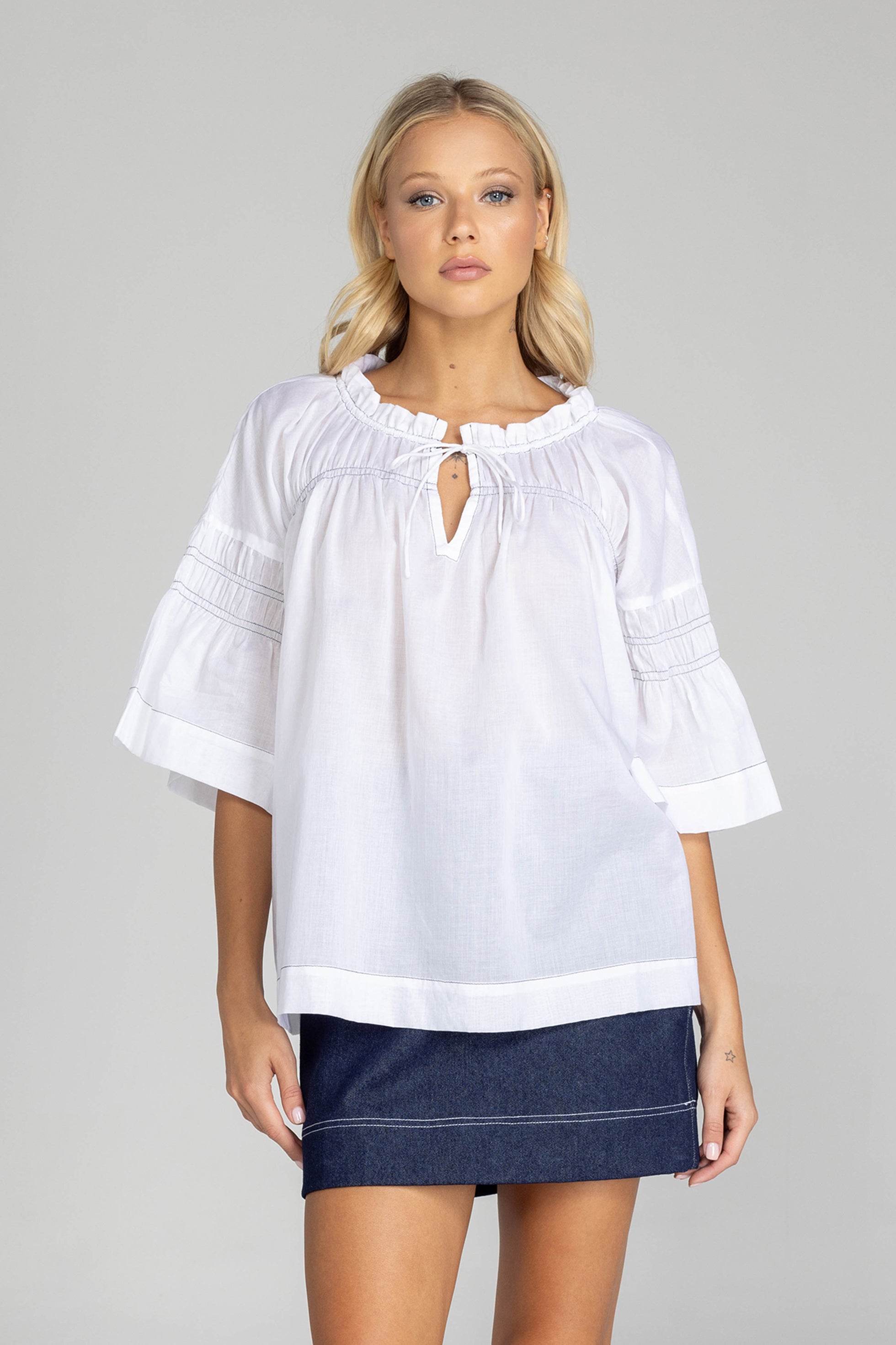 Thea Top - White with Black Stitching