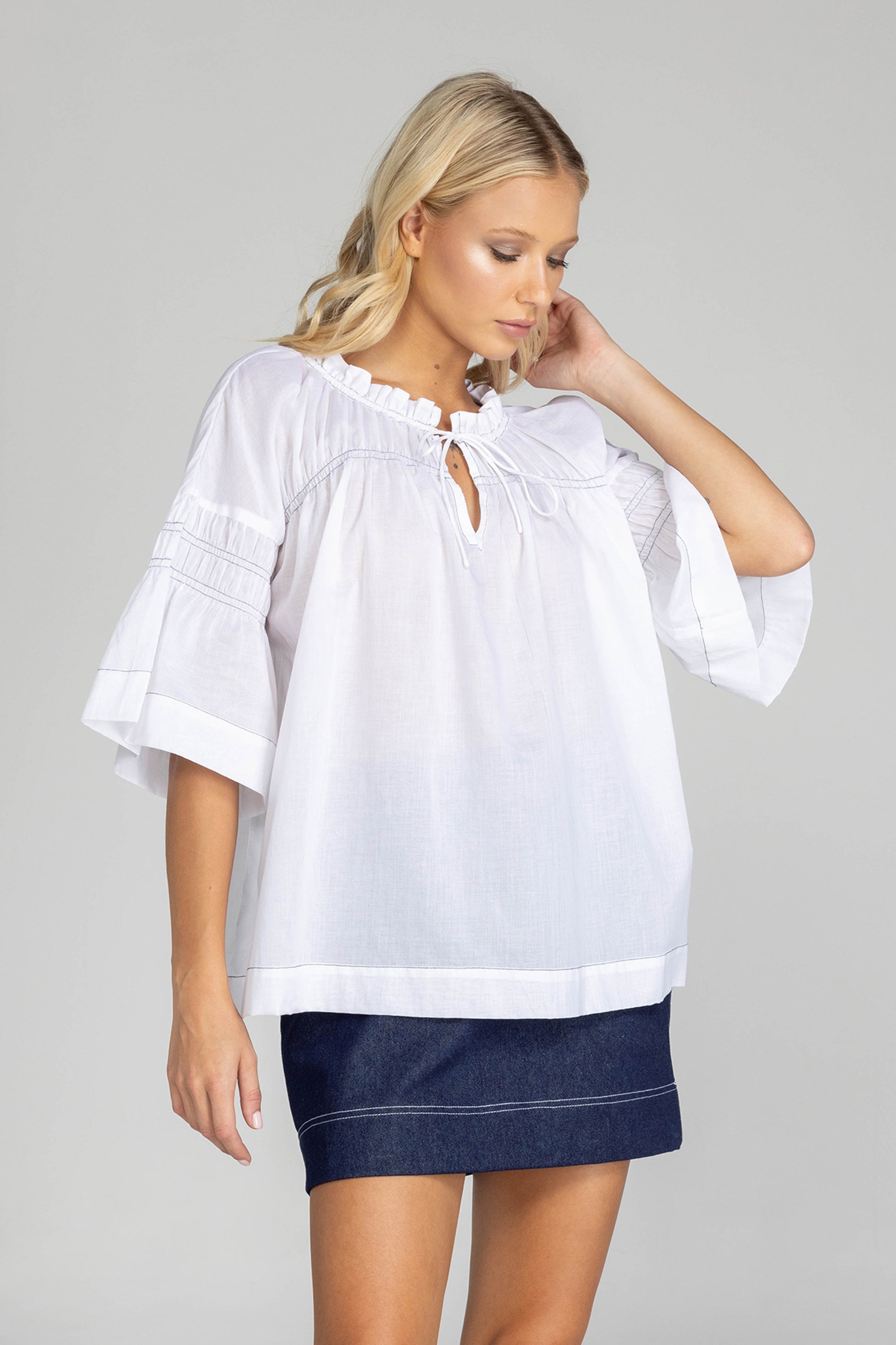 Thea Top - White with Black Stitching