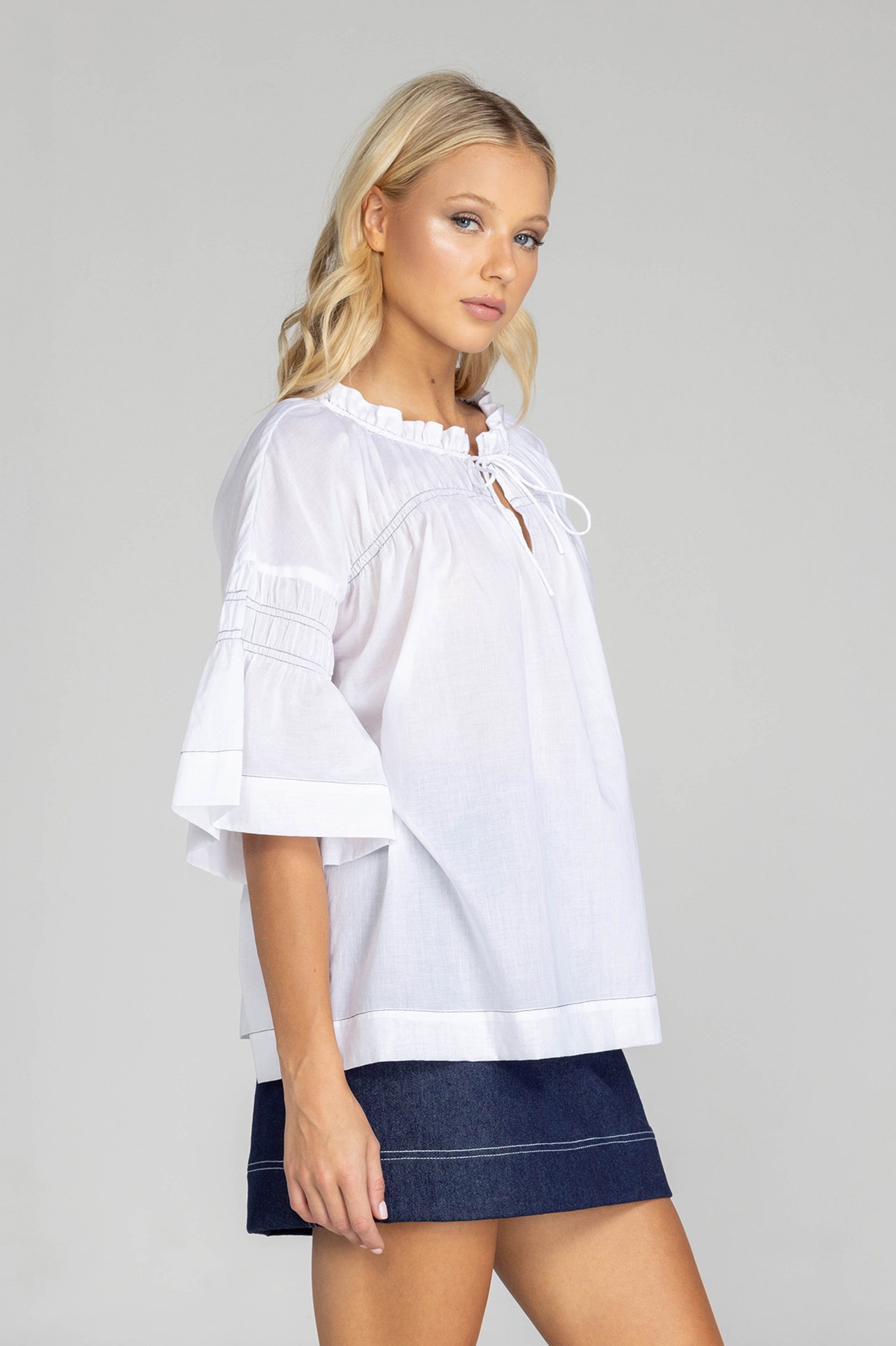 Thea Top - White with Black Stitching