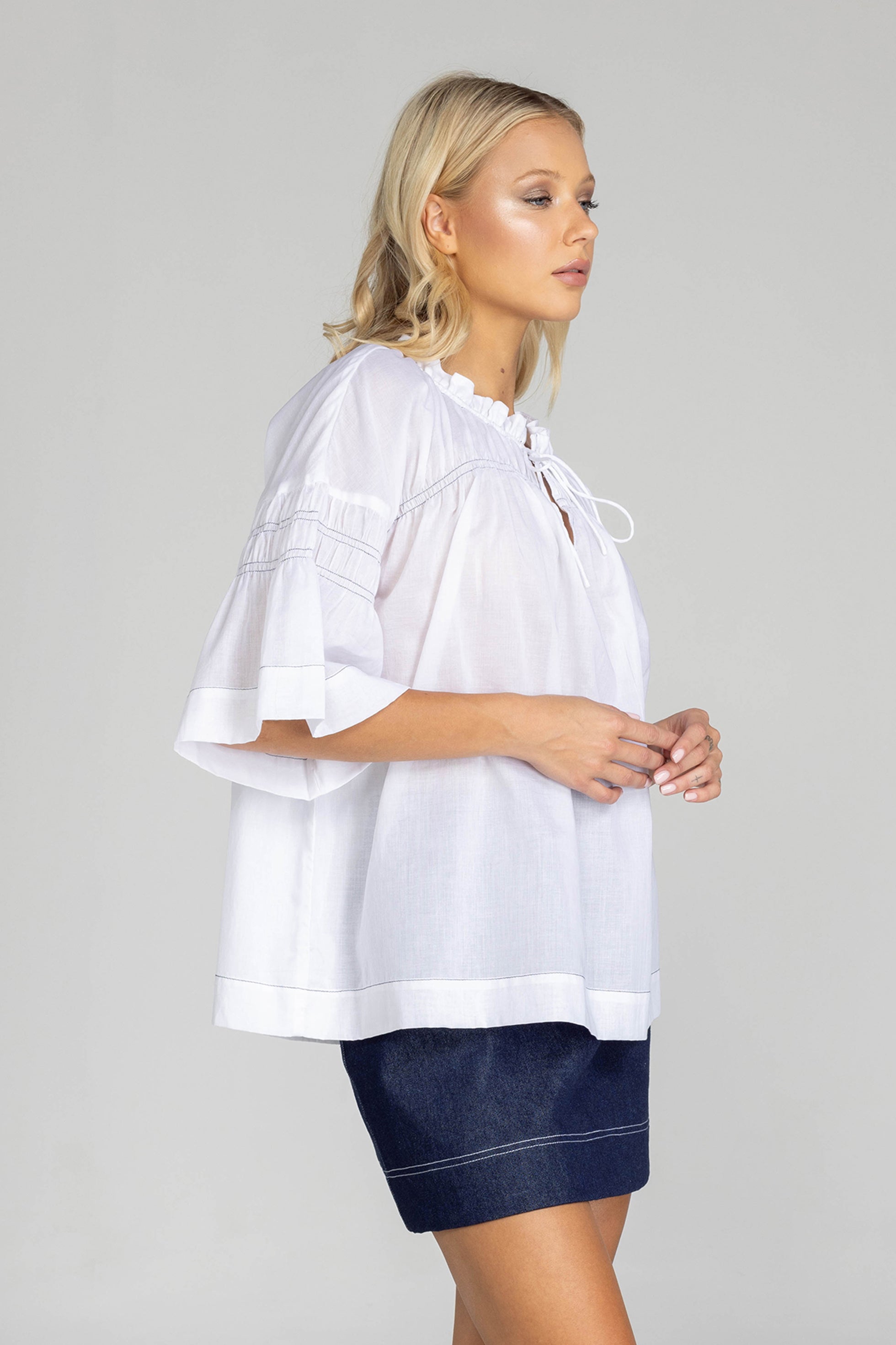 Thea Top - White with Black Stitching