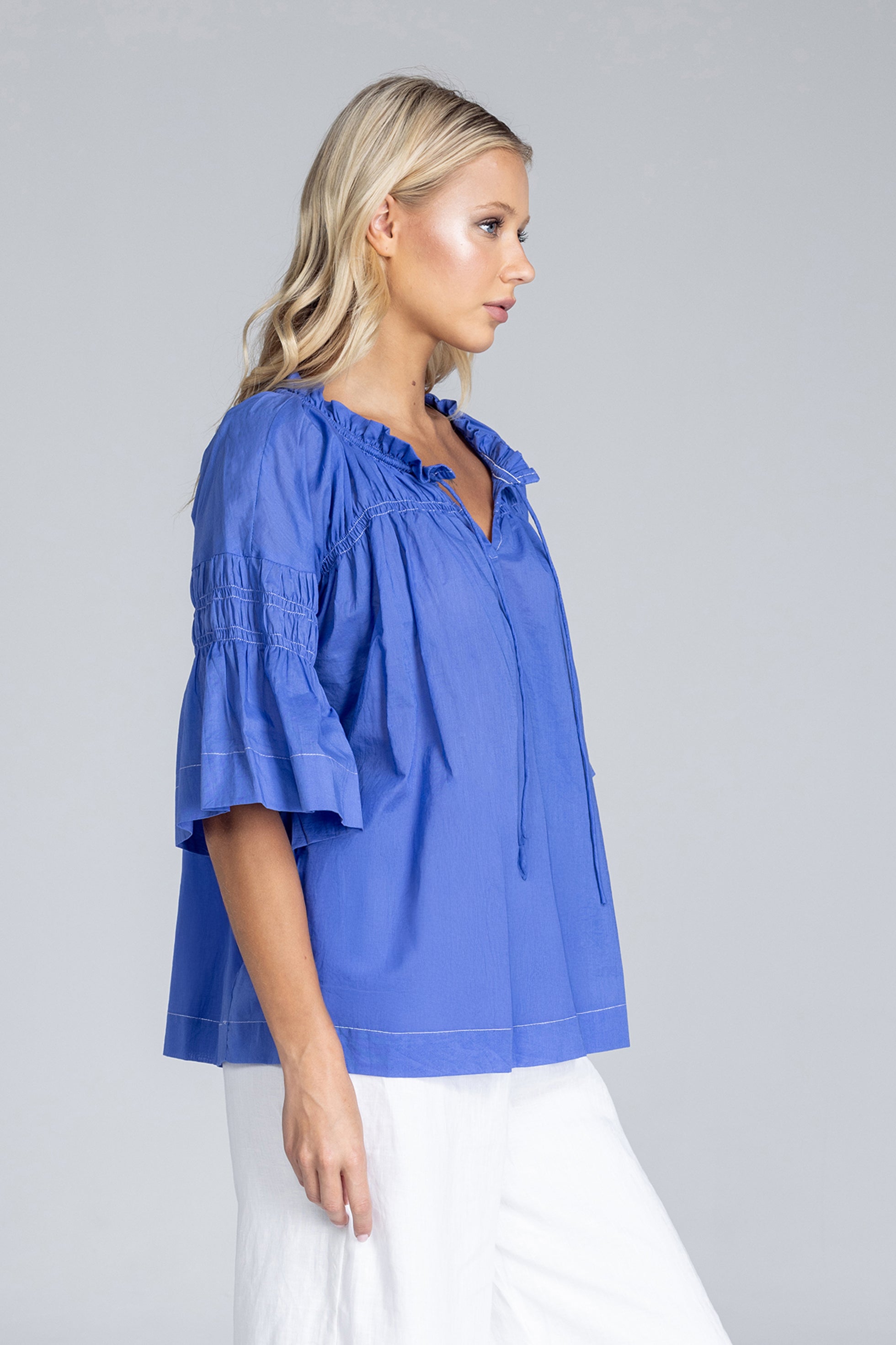 Thea Top - Juniper Blue with White Topstitching