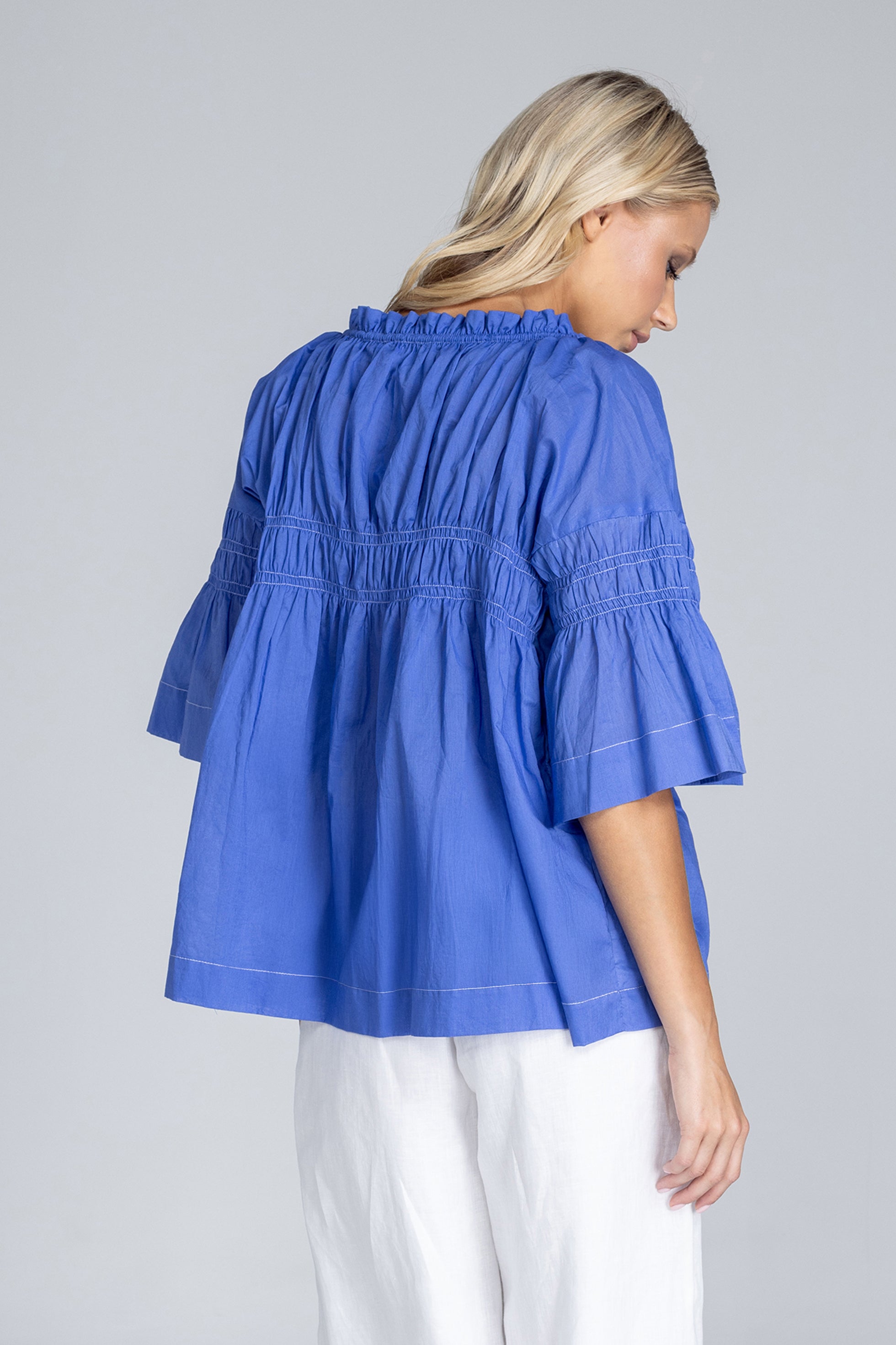 Thea Top - Juniper Blue with White Topstitching