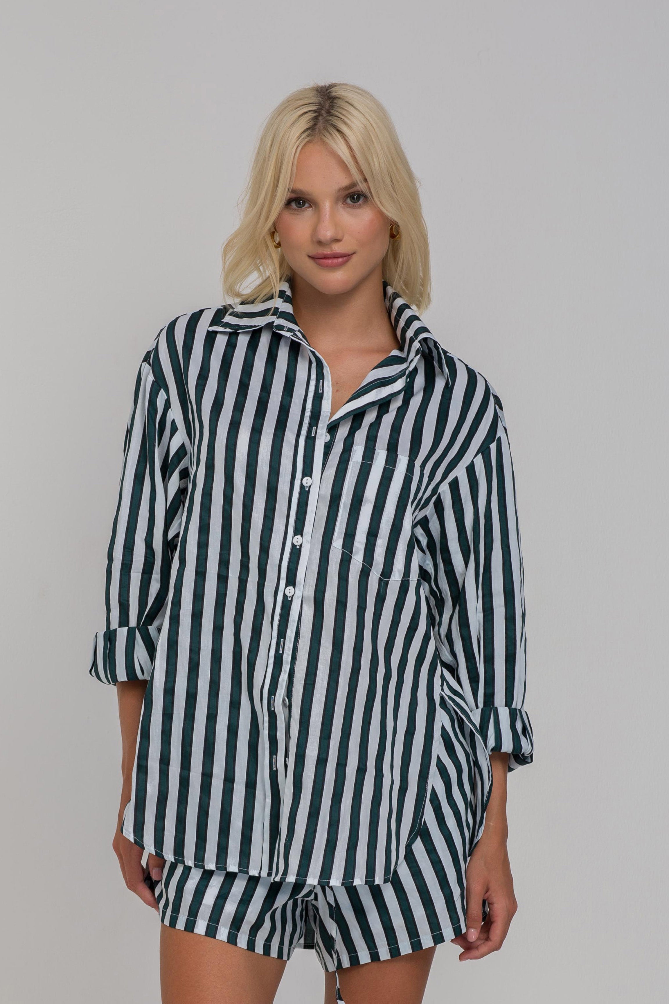 Two Makes One Shirt - White/Black/Green Stripe