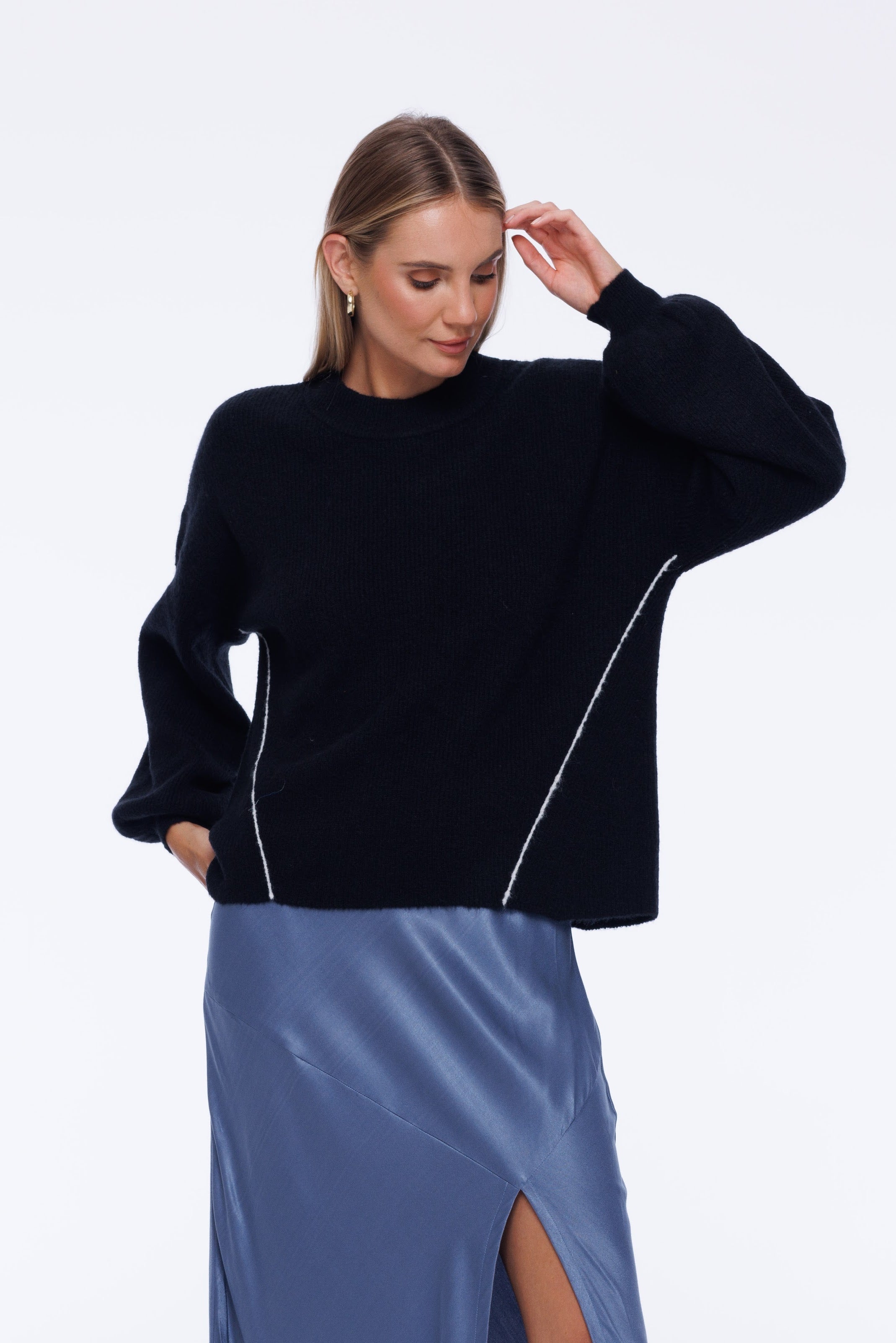 Viola Sweater - Black with White Stitching