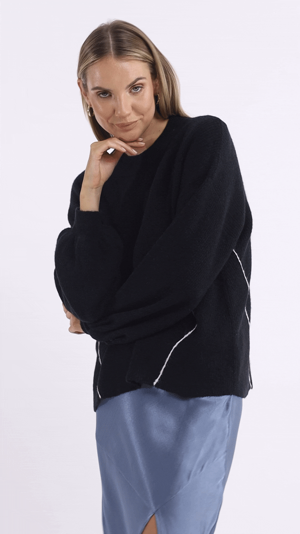 Viola Sweater - Black with White Stitching
