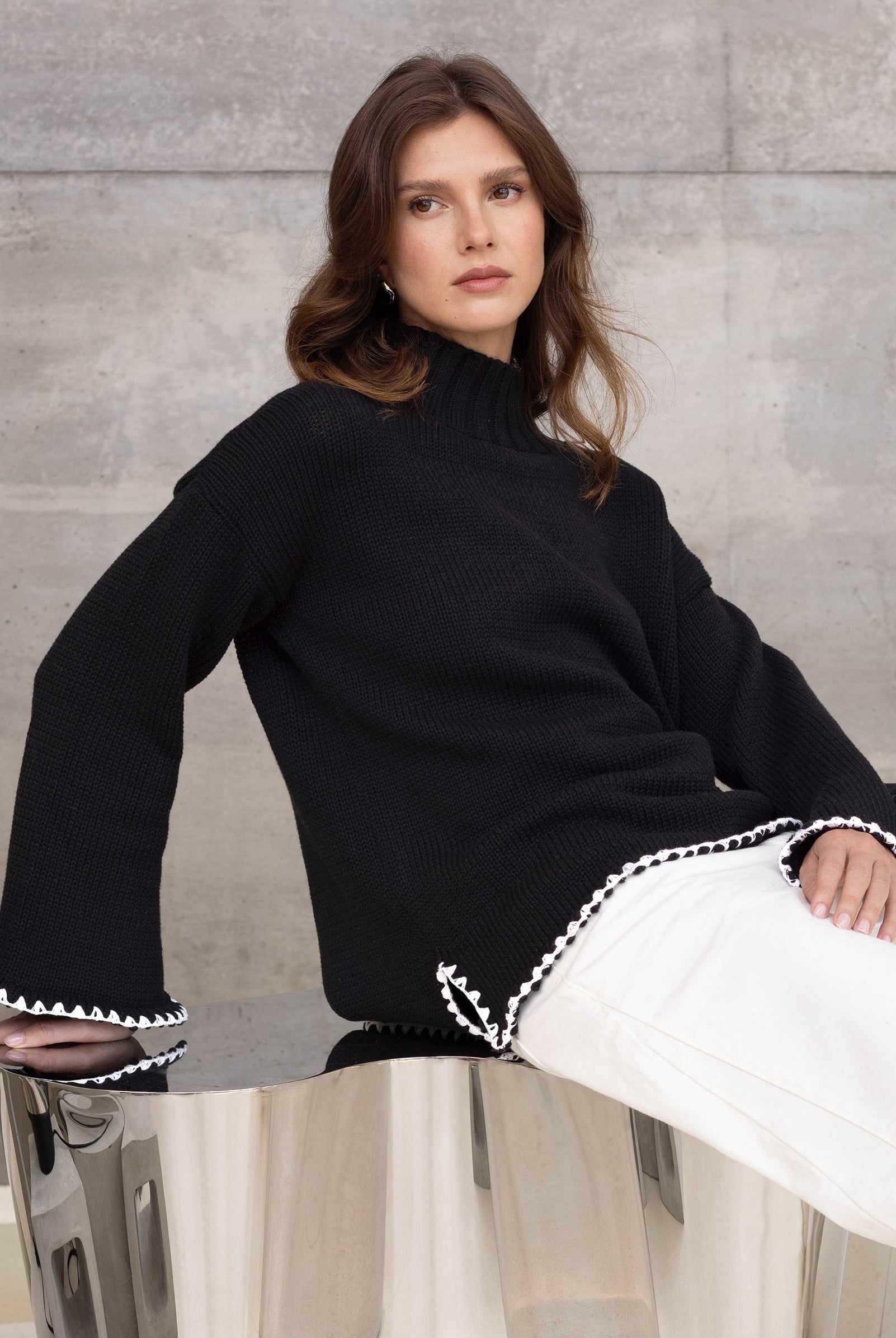 Vogue Sweater - Black with White Stitch Details