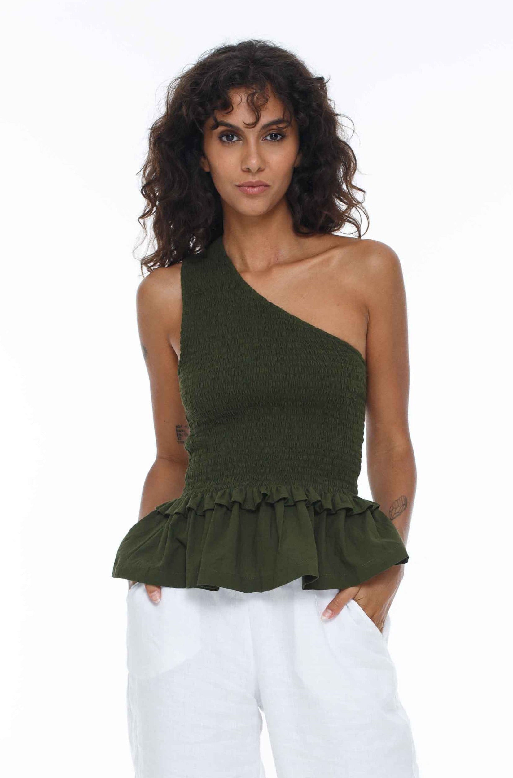 BLAK - SAGE TOP - ONE SHOULDER SHIRRED TOP