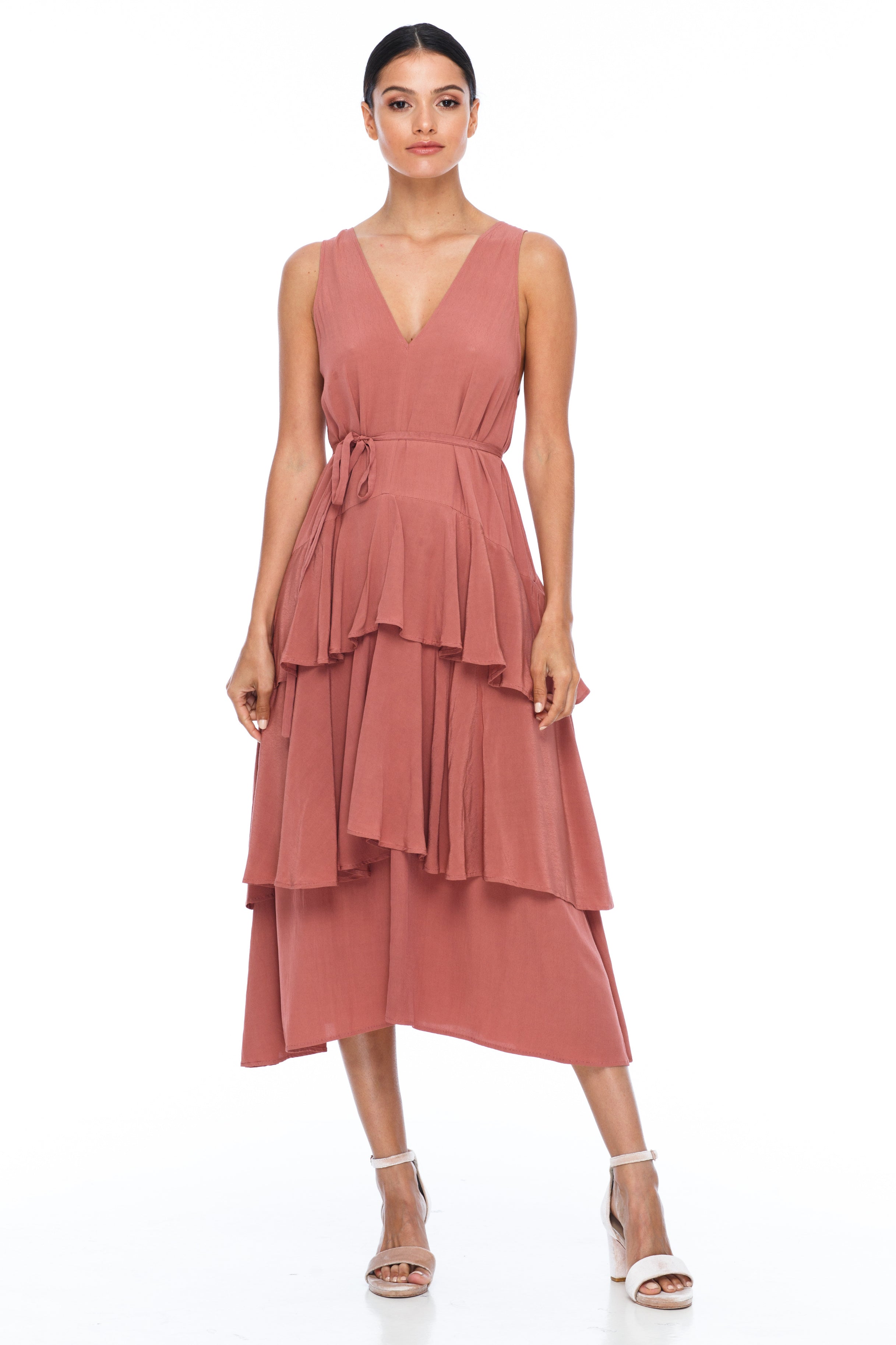 BLAK Bridesmaids Frida Dress in Becca Pink -  A stunning stand out style! With beautiful layered skirt and low v-neckline front and back this dress will help to create the most beautiful wedding photos!