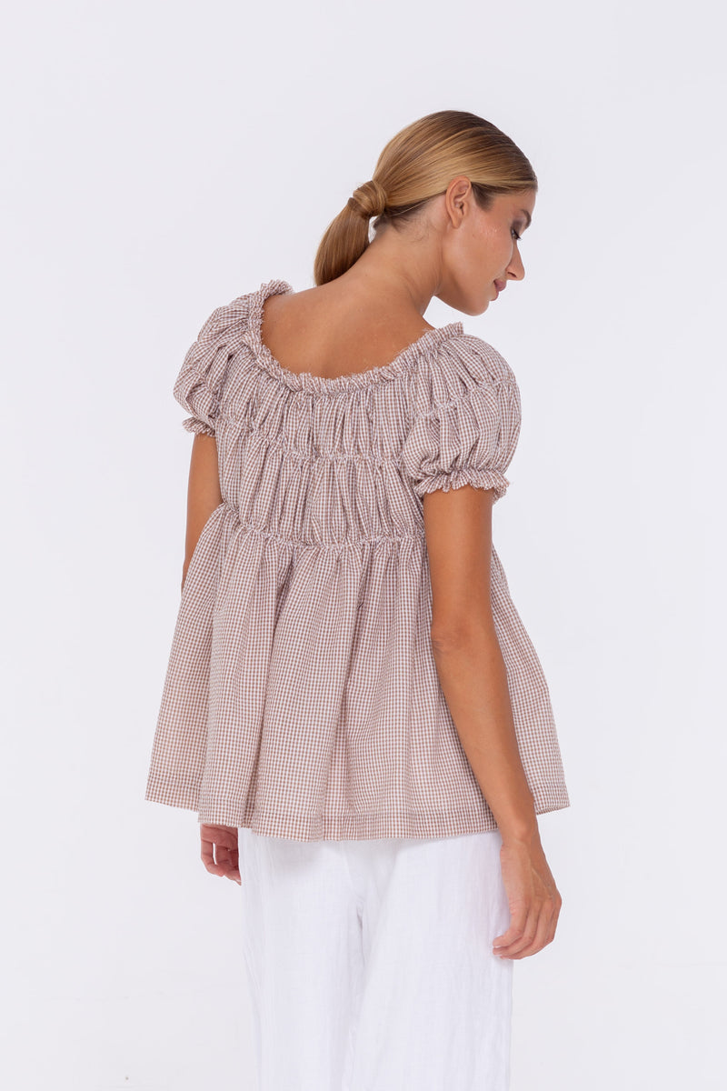 S24/20082 Butterfly Top - Tan/Ivory Mini Check