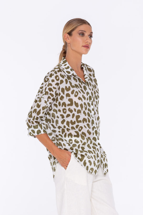 PRE-ORDER Defiant Shirt - Exclusive White/Fern Leopard Print