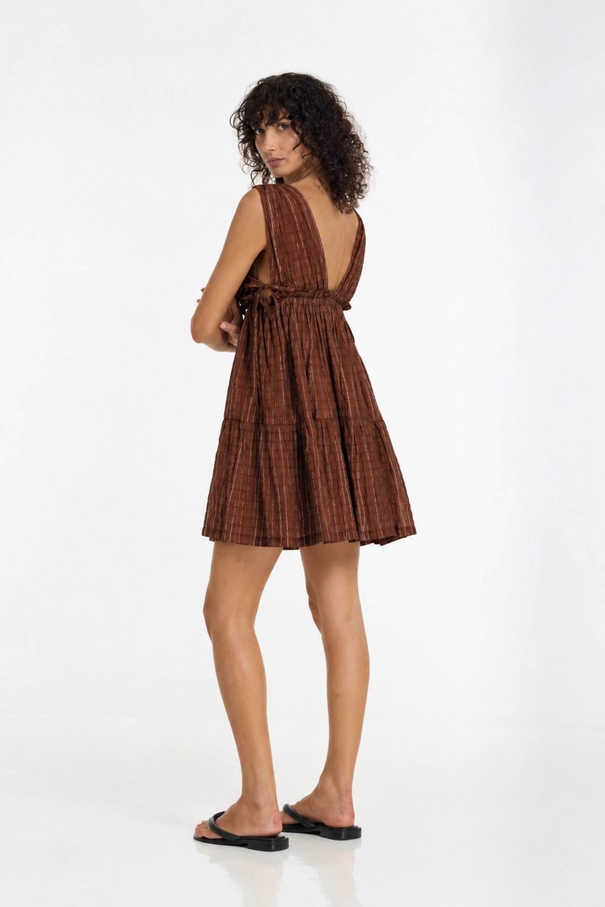 Silent Kiss Mini Dress - Chocolate / White Pinstripe