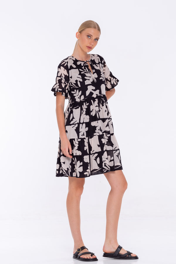 Bella Mini Dress - Exclusive Black with Natural Flower Print